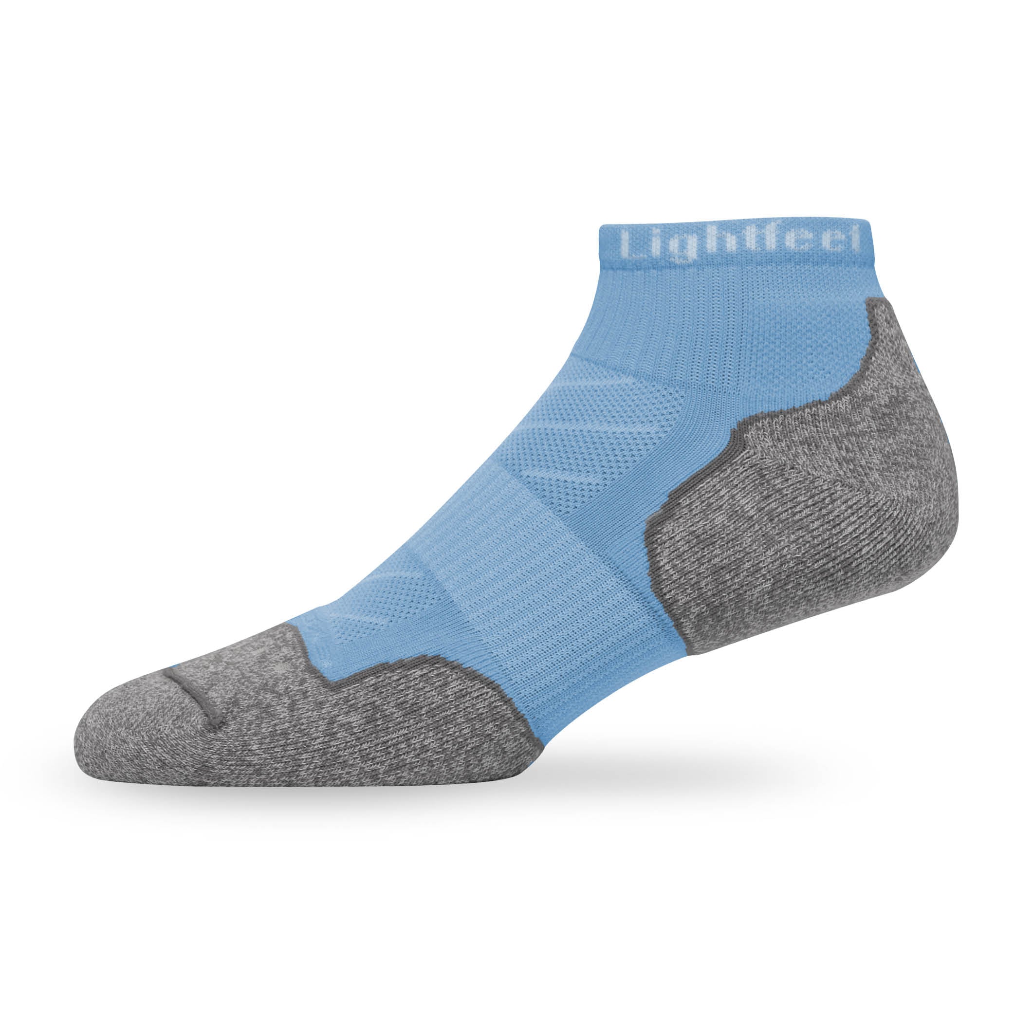 Side view of Lightfeet Evolution Sky Blue Mini Crew Performance Running Sock