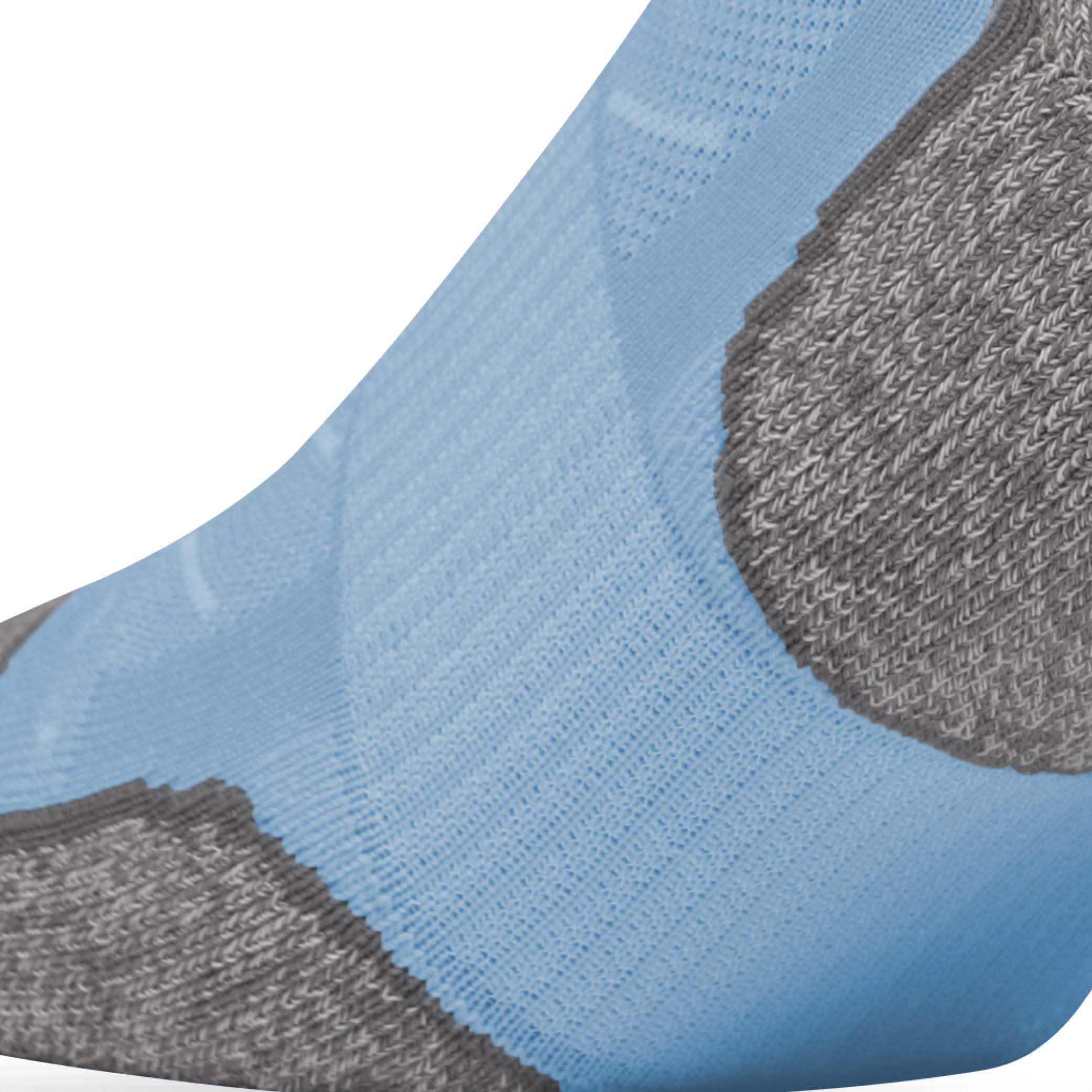Close up view of elastic arch of Lightfeet Evolution Sky Blue Mini Crew Performance Running Sock