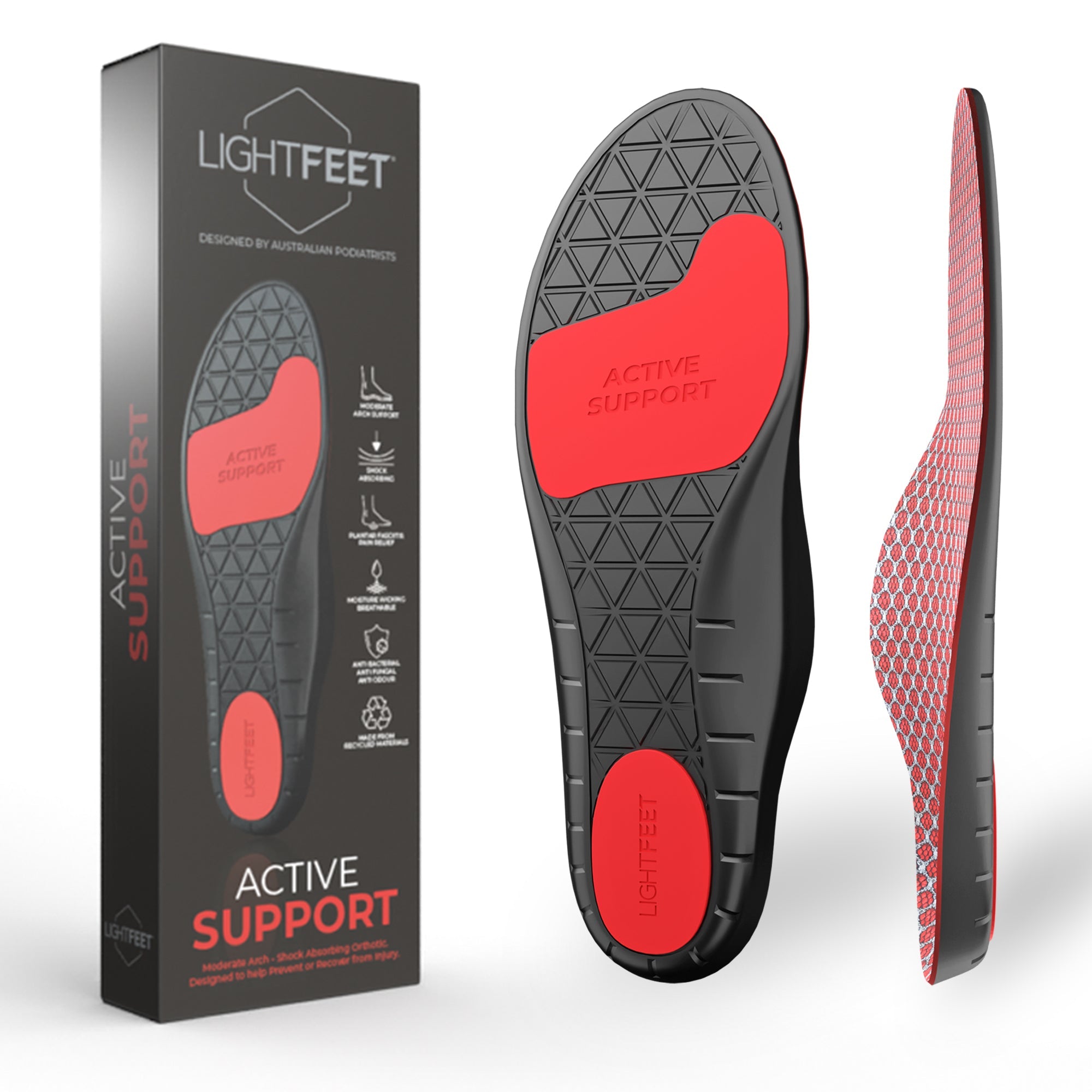 Image of Lightfeet Active Support Orthotic Insoles showing the packaging and the bottom and side profile of the insole