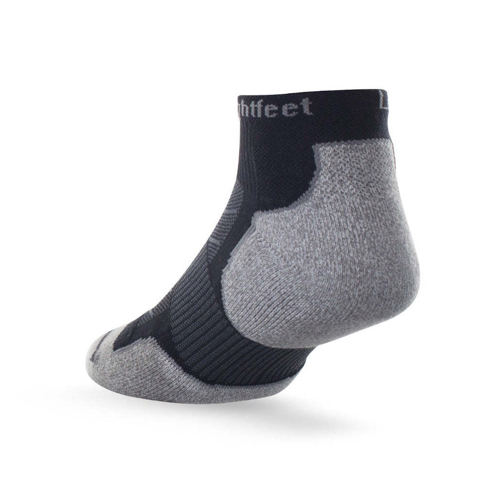 Heel view of Lightfeet Evolution Black Mini Crew Performance Sock