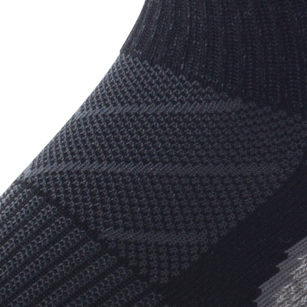 Close up view of mesh on Lightfeet Evolution Black Mini Crew Performance Sock