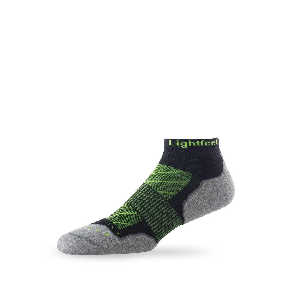 Side view of Lightfeet Evolution Black Fluro Green Mini Crew Performance Running Sock