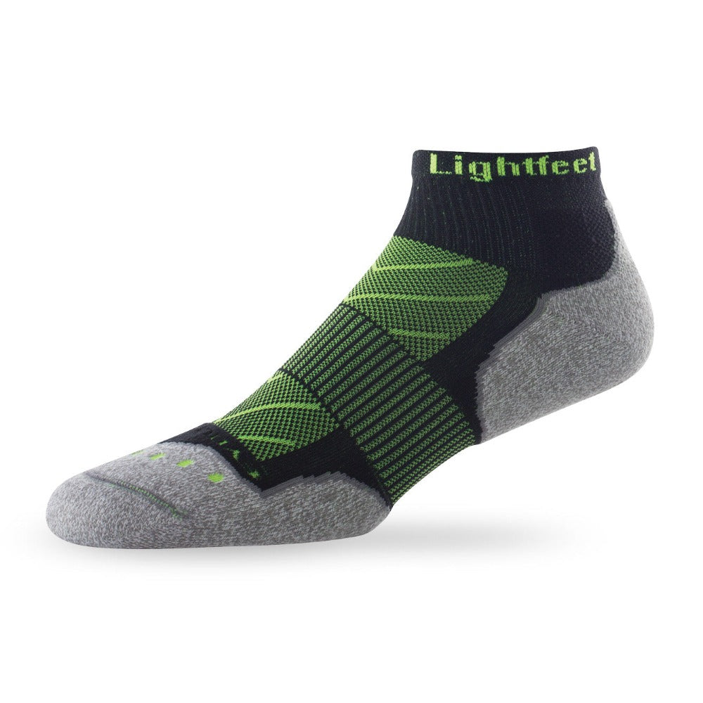 Side view of Lightfeet Evolution Black Fluro Green Mini Crew Performance Running Sock