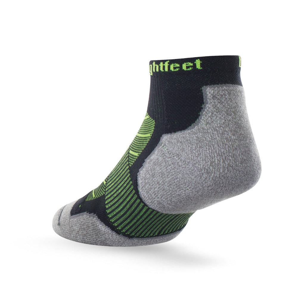 Heel view of Lightfeet Evolution Black Fluro Green Mini Crew Performance Running Sock