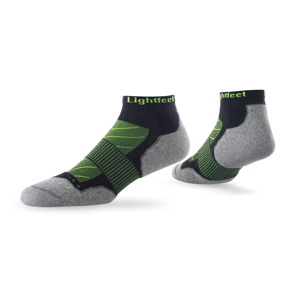 Pair of Lightfeet Evolution Black Fluro Green Mini Crew Performance Running Socks