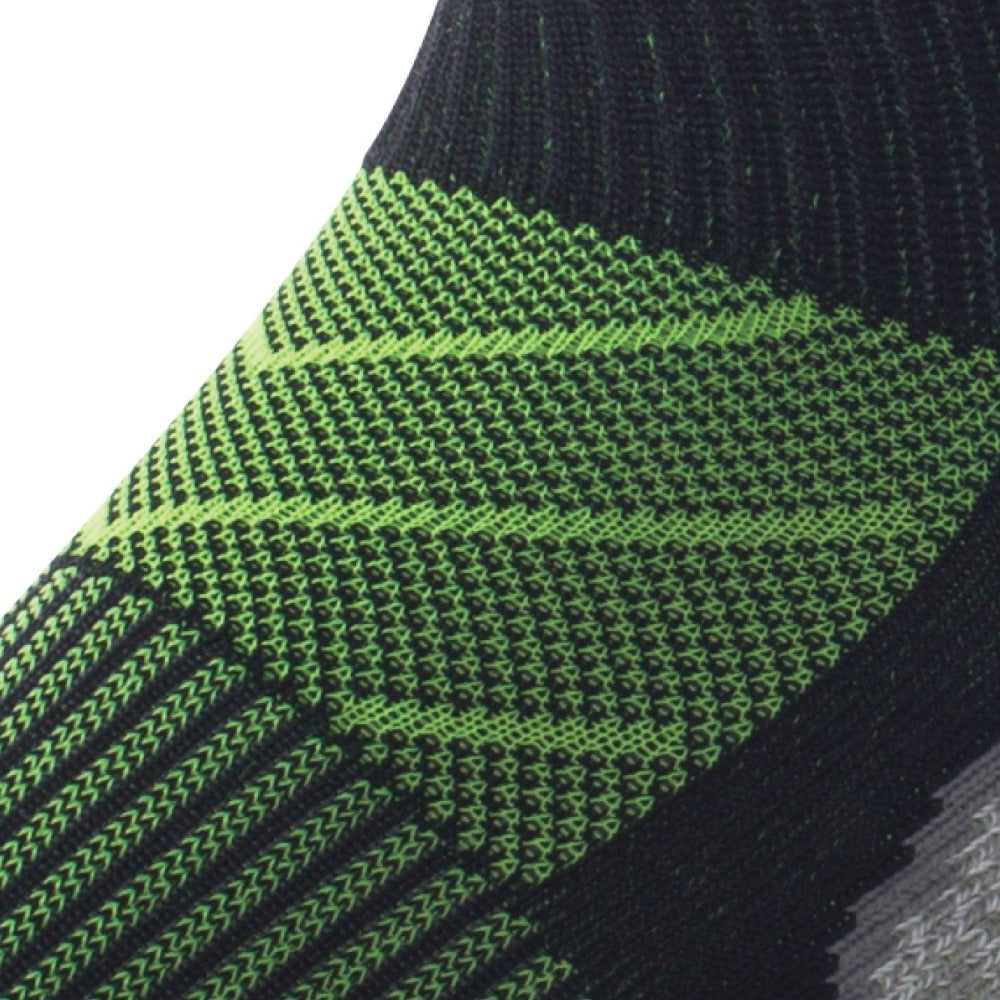 Close up view of mesh on Lightfeet Evolution Black Fluro Green Mini Crew Performance Running Sock