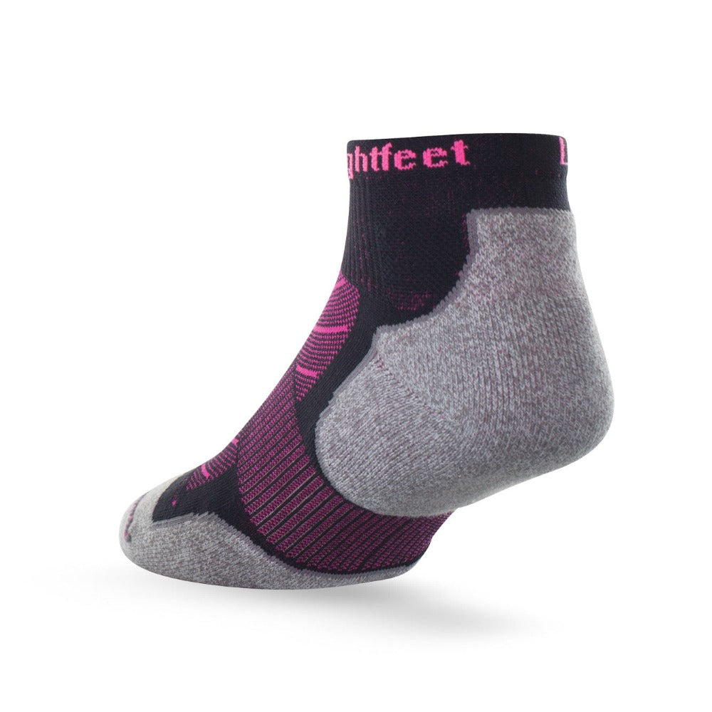 Heel view of Lightfeet Evolution Black Fluro Pink Mini Crew Performance Running Sock
