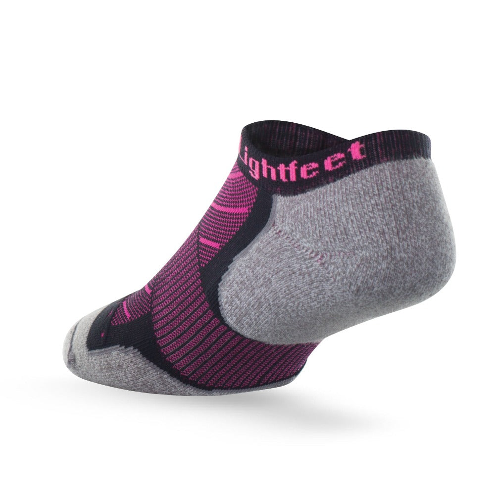 Heel view of Lightfeet Evolution Black Fluro Pink Mini Performance Running Sock