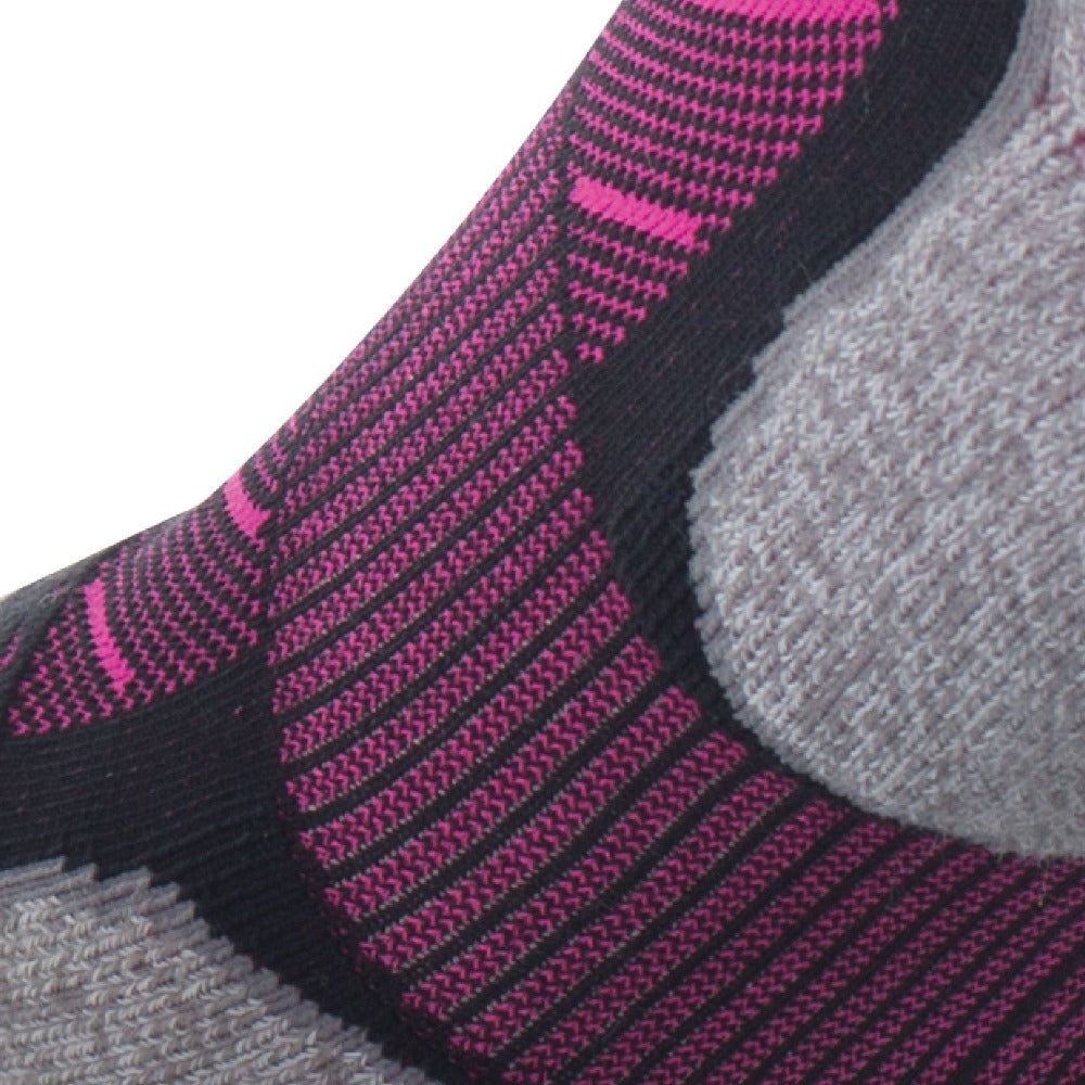 Close up view of elastic arch of Lightfeet Evolution Black Fluro Pink Mini Performance Running Sock