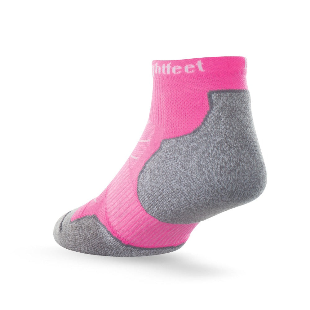 Heel view of Lightfeet Evolution Fluro Pink Mini Crew Performance Running Sock