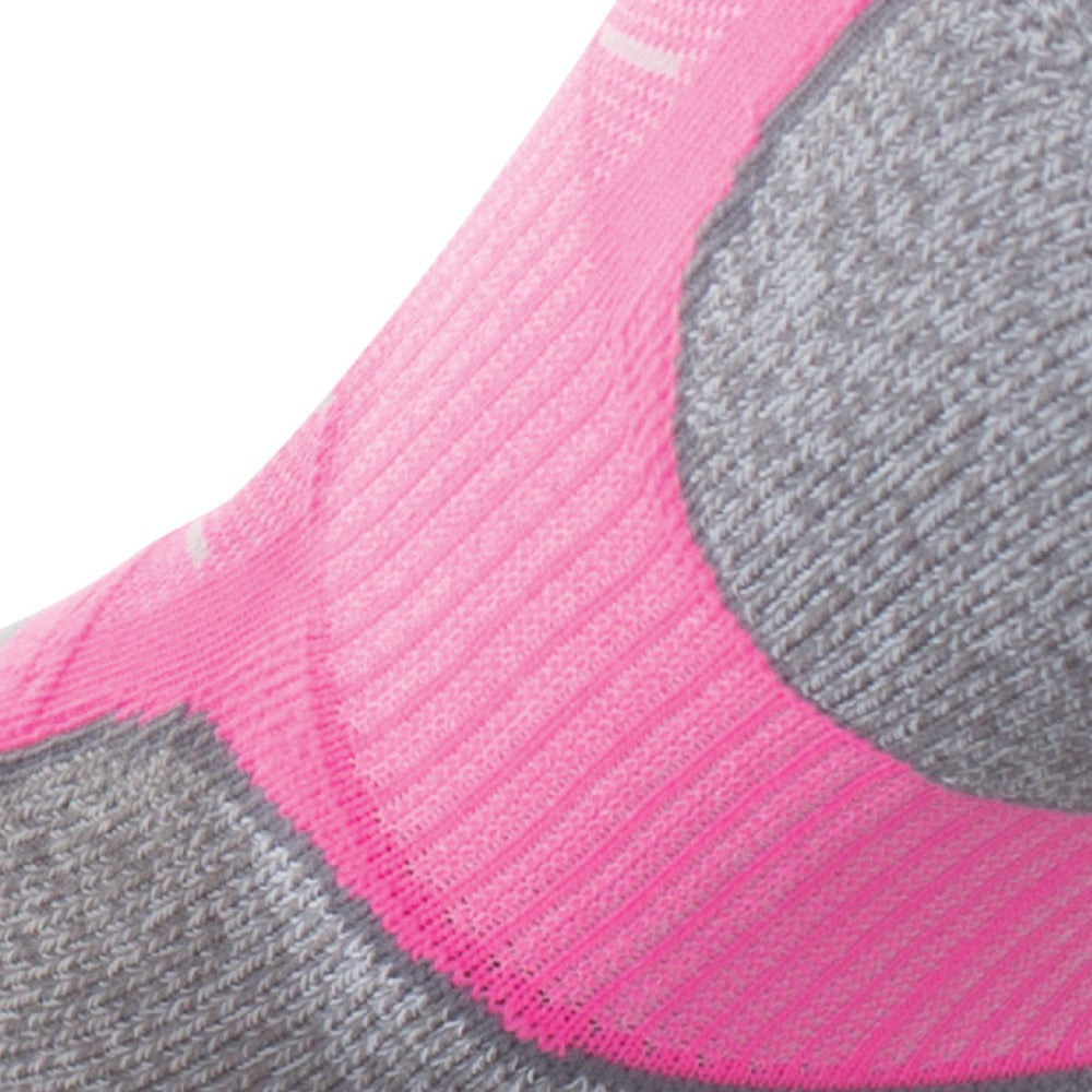 Close up view of elastic arch of Lightfeet Evolution Fluro Pink Mini Crew Performance Running Sock