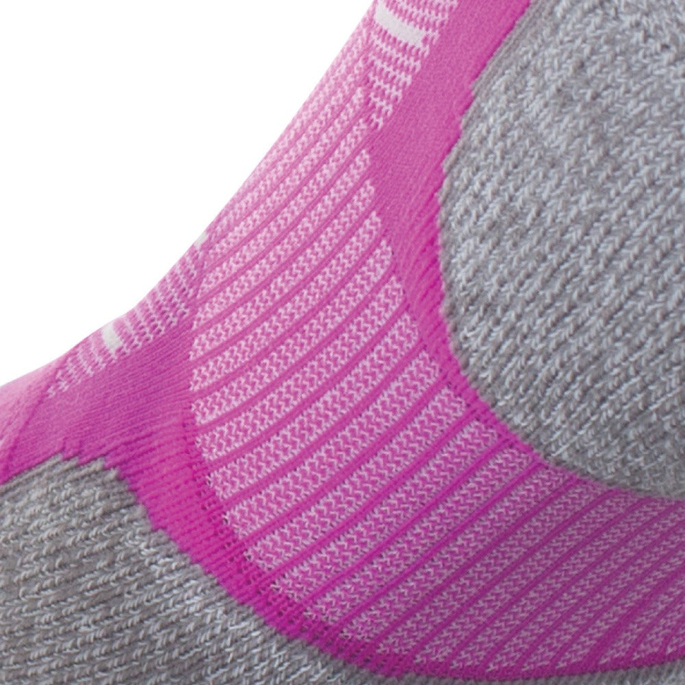 Close up view of elastic arch of Lightfeet Evolution Fluro Purple Mini Crew Performance Running Sock