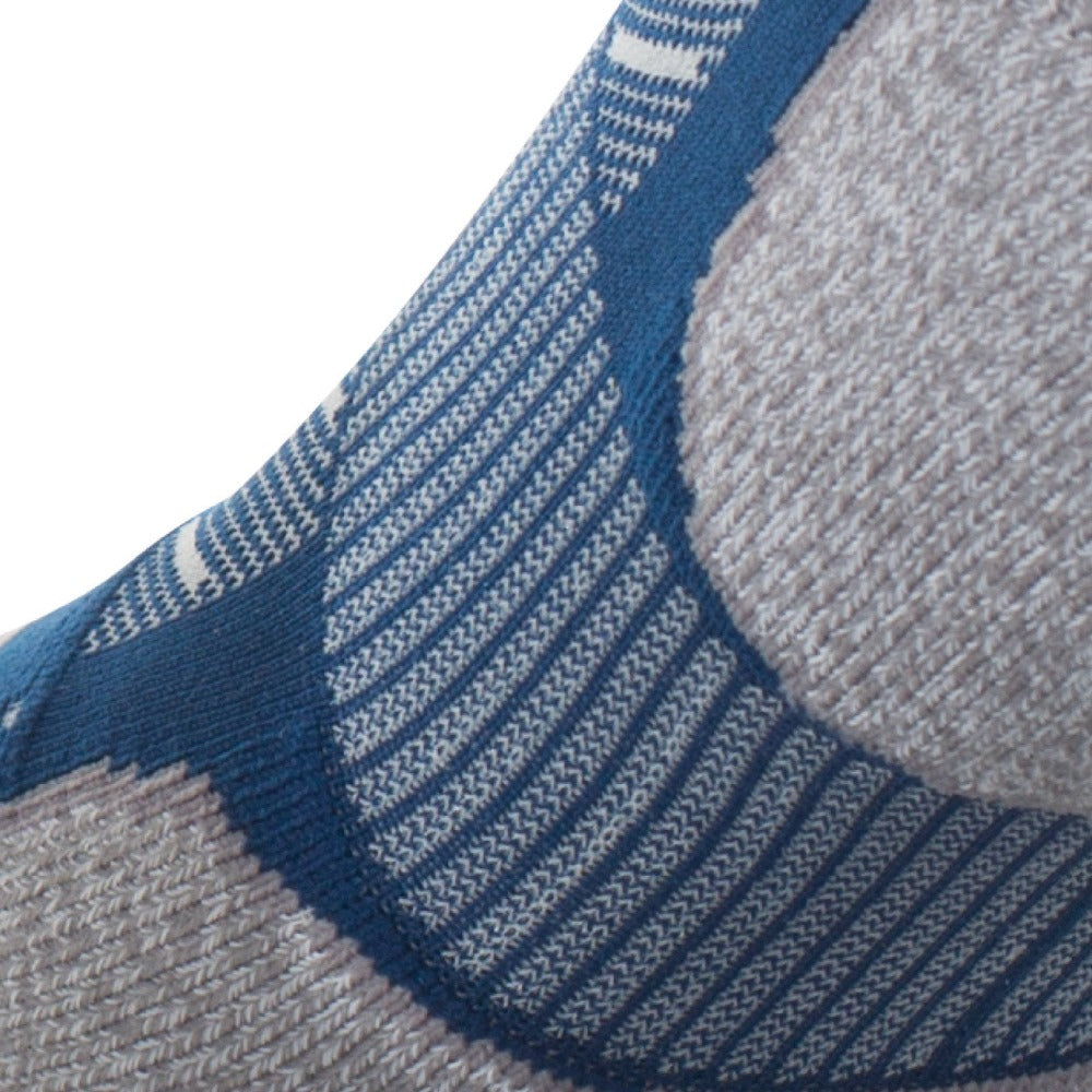 Close up view of elastic arch of Lightfeet Evolution Navy Mini Crew Performance Running Sock