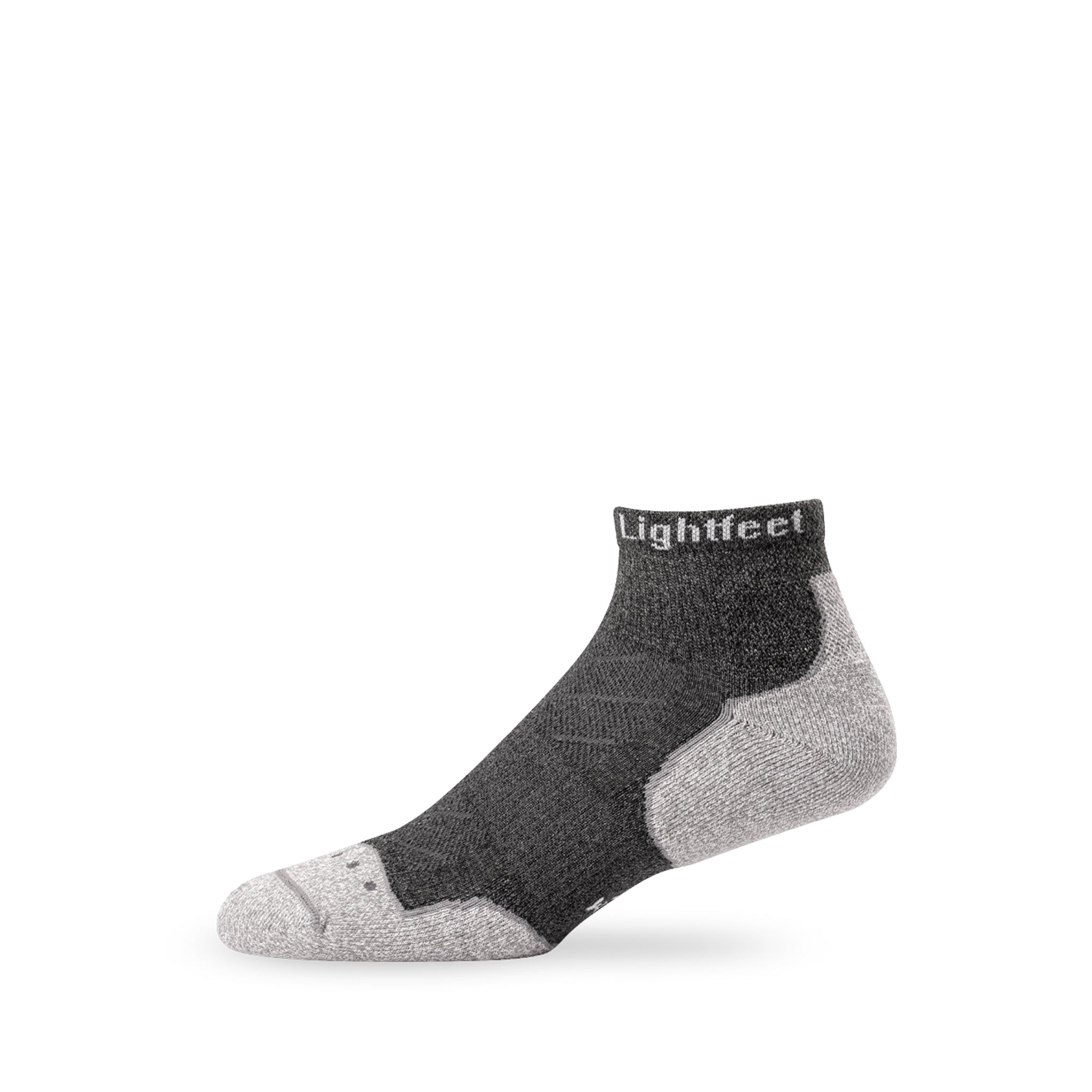 Side view of Lightfeet Evolution Trail Dark Grey Mini Crew Performance Running Sock