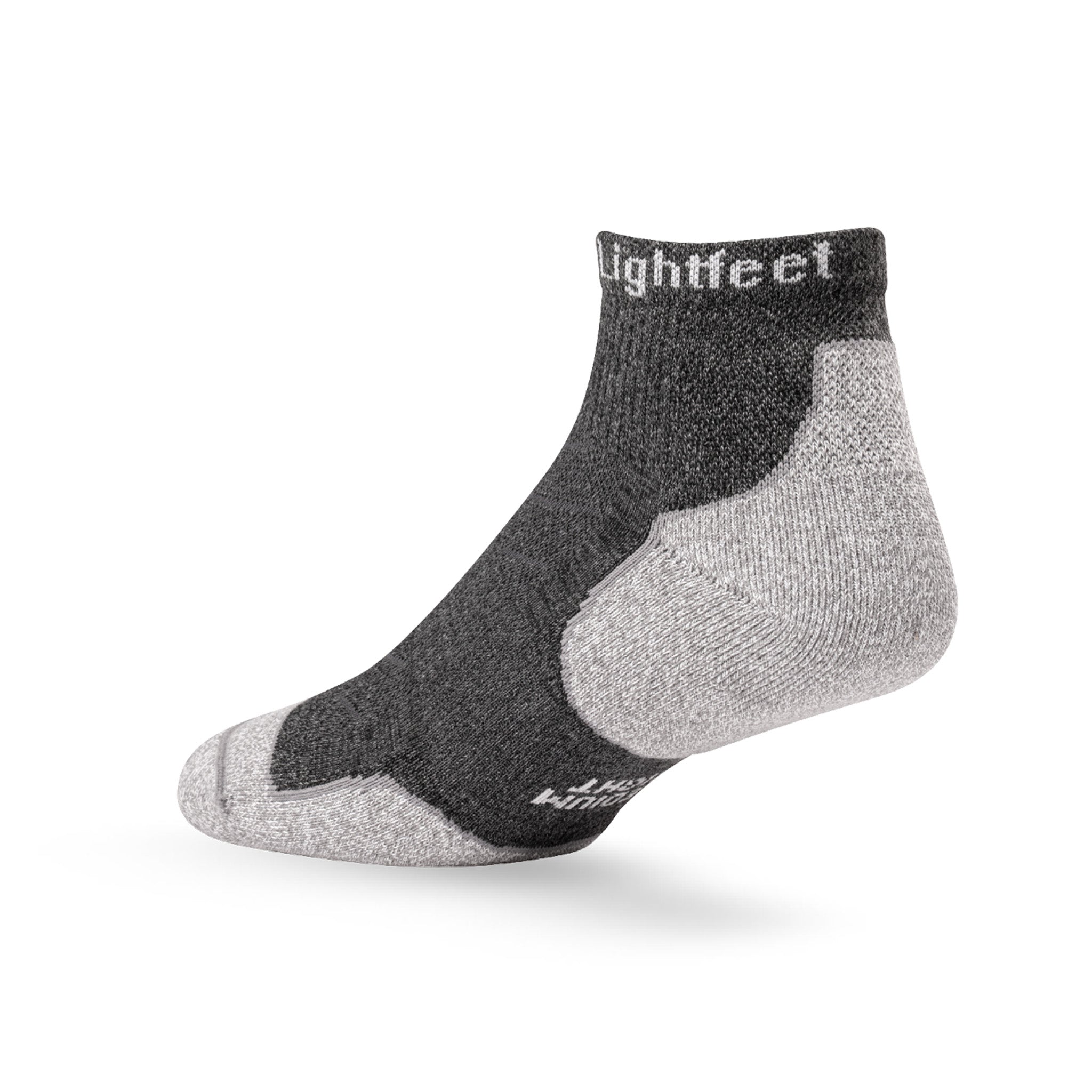 Heel view of Lightfeet Evolution Trail Dark Grey Mini Crew Performance Running Sock
