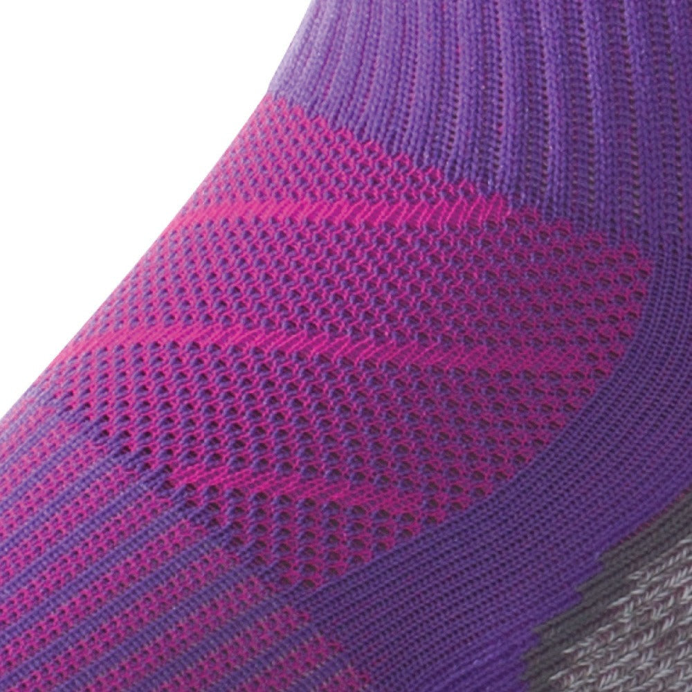 Close up view of mesh on Lightfeet Evolution Violet Fluro Pink Mini Crew Performance Running Sock