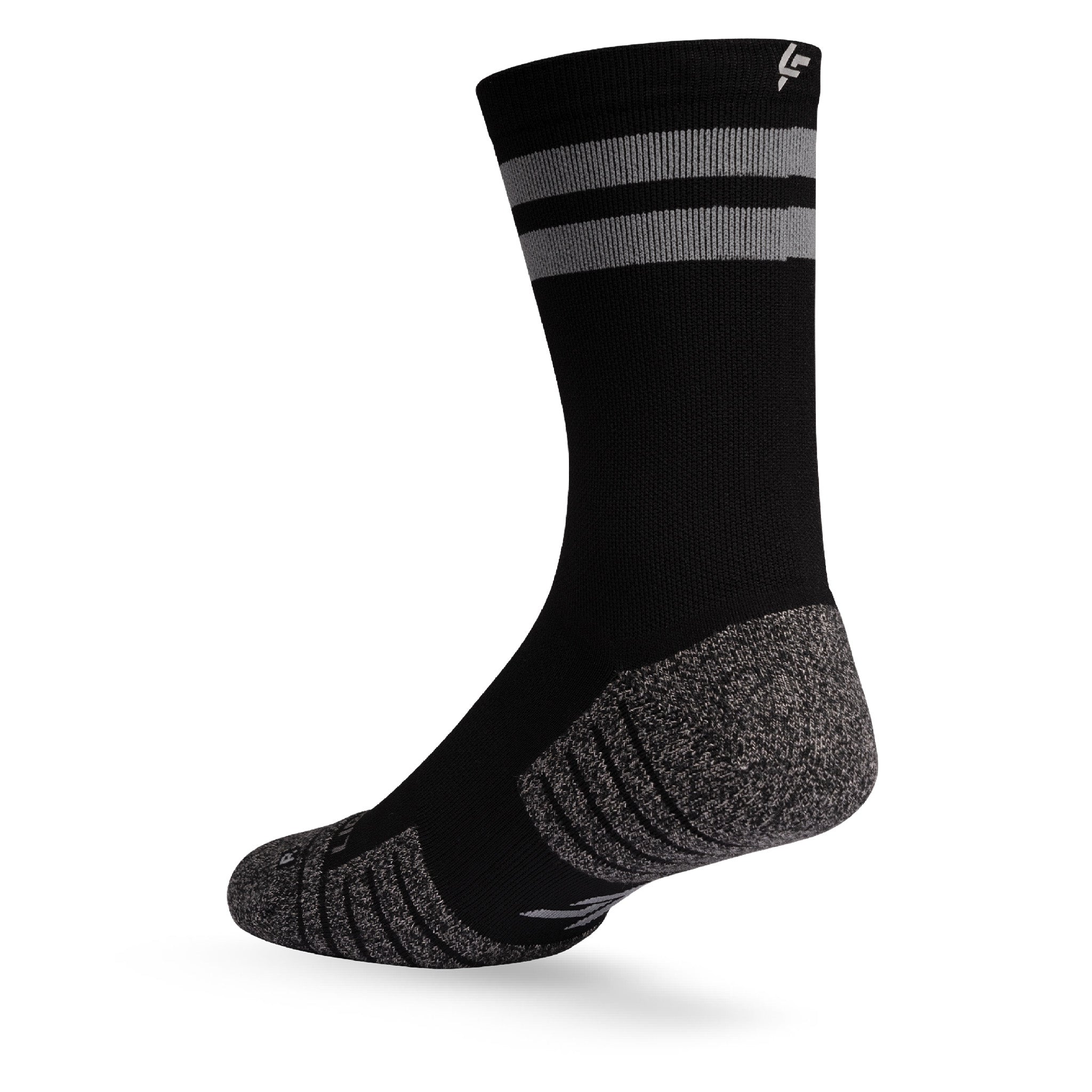 Heel view of Lightfeet Performance 2 Stripes Black Half Crew Sock