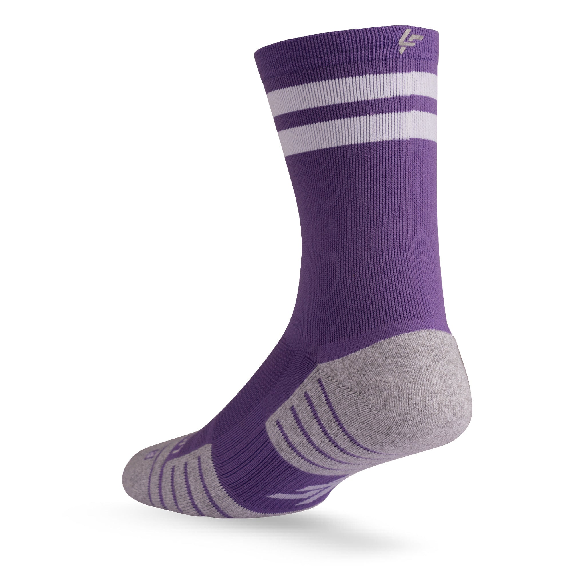 Heel view of Lightfeet Performance 2 Stripes Violet Half Crew Sock