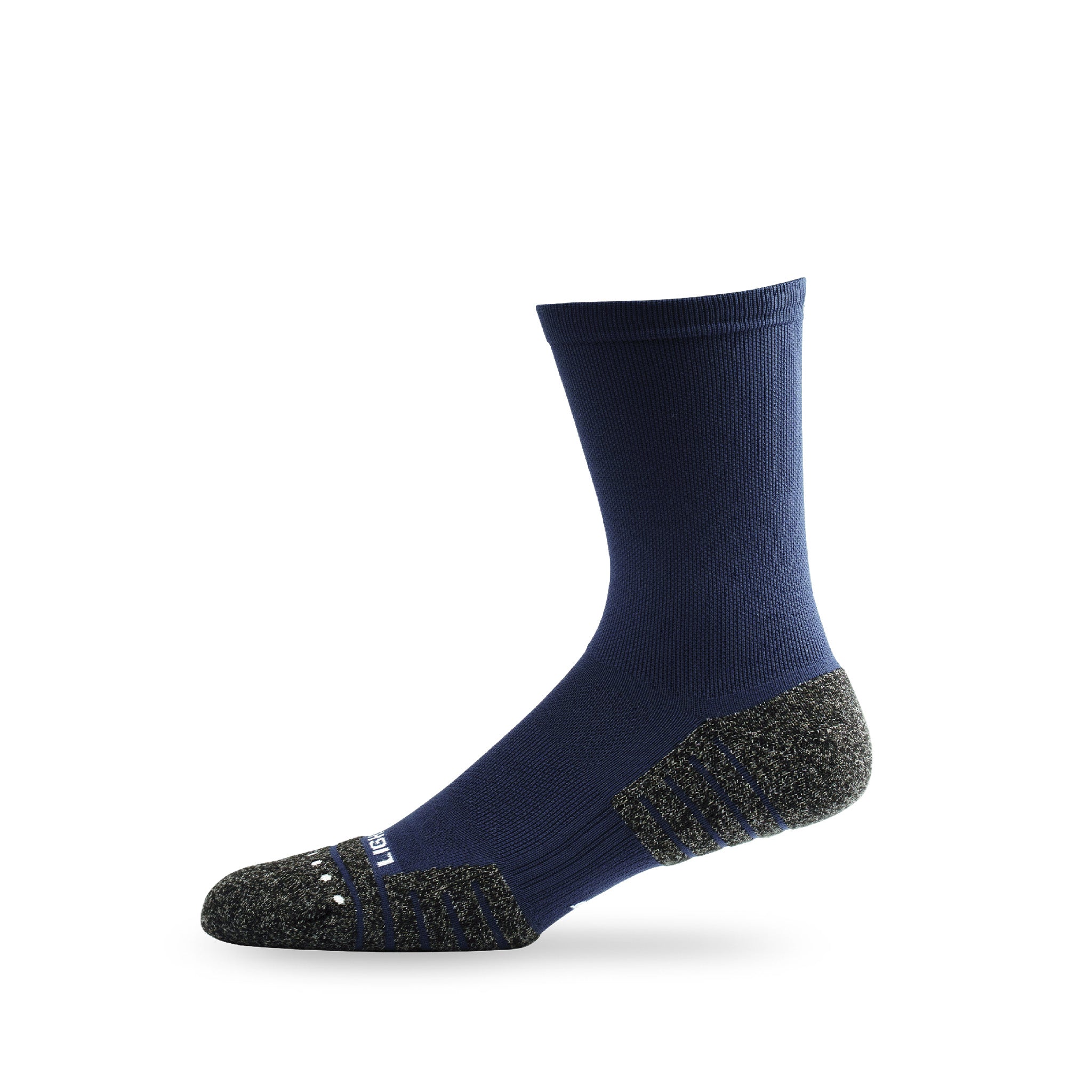 Side view of Lightfeet Performance Navy Half Crew Sock
