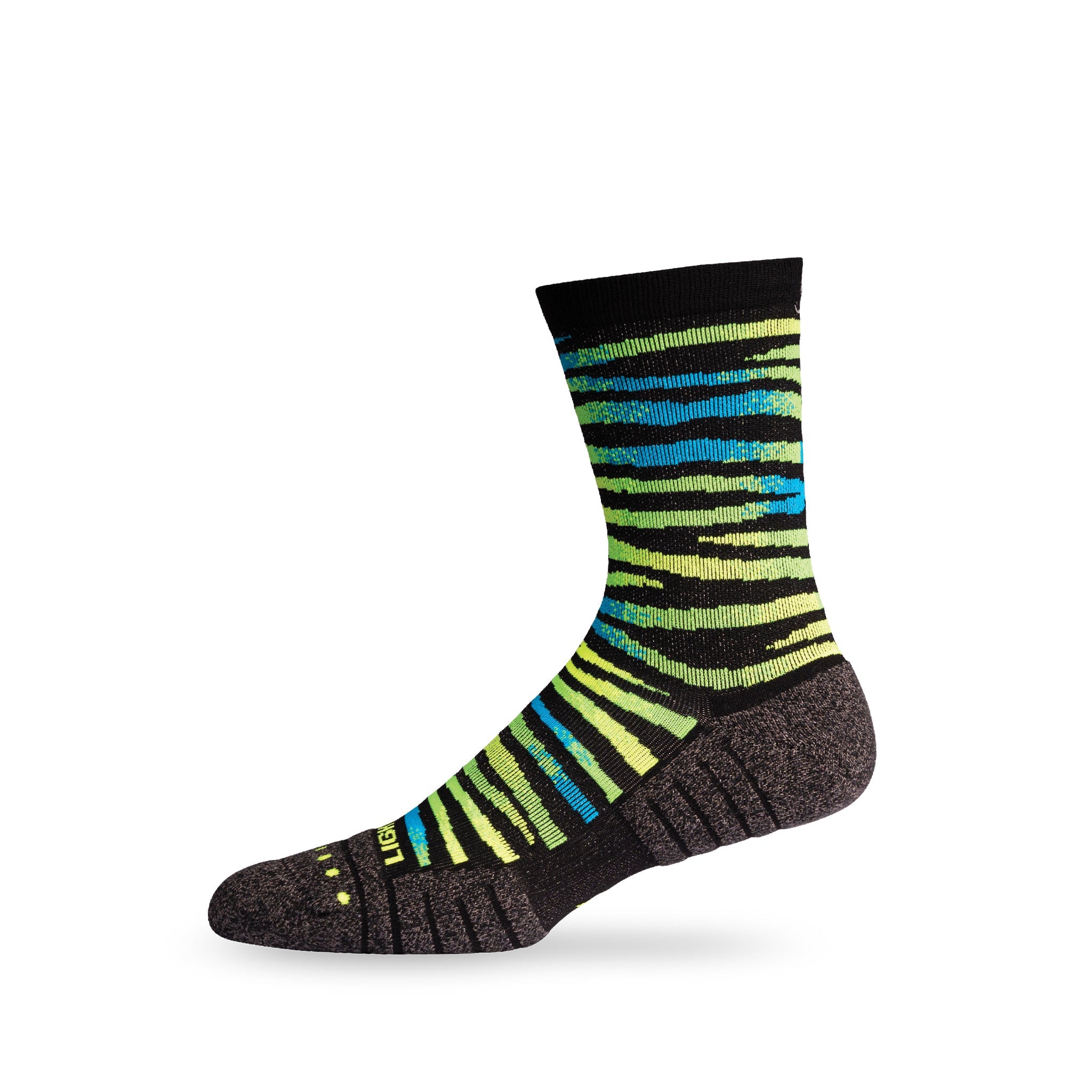Side view of Lightfeet Performance Predator Black Yellow Aqua Half Crew Sock