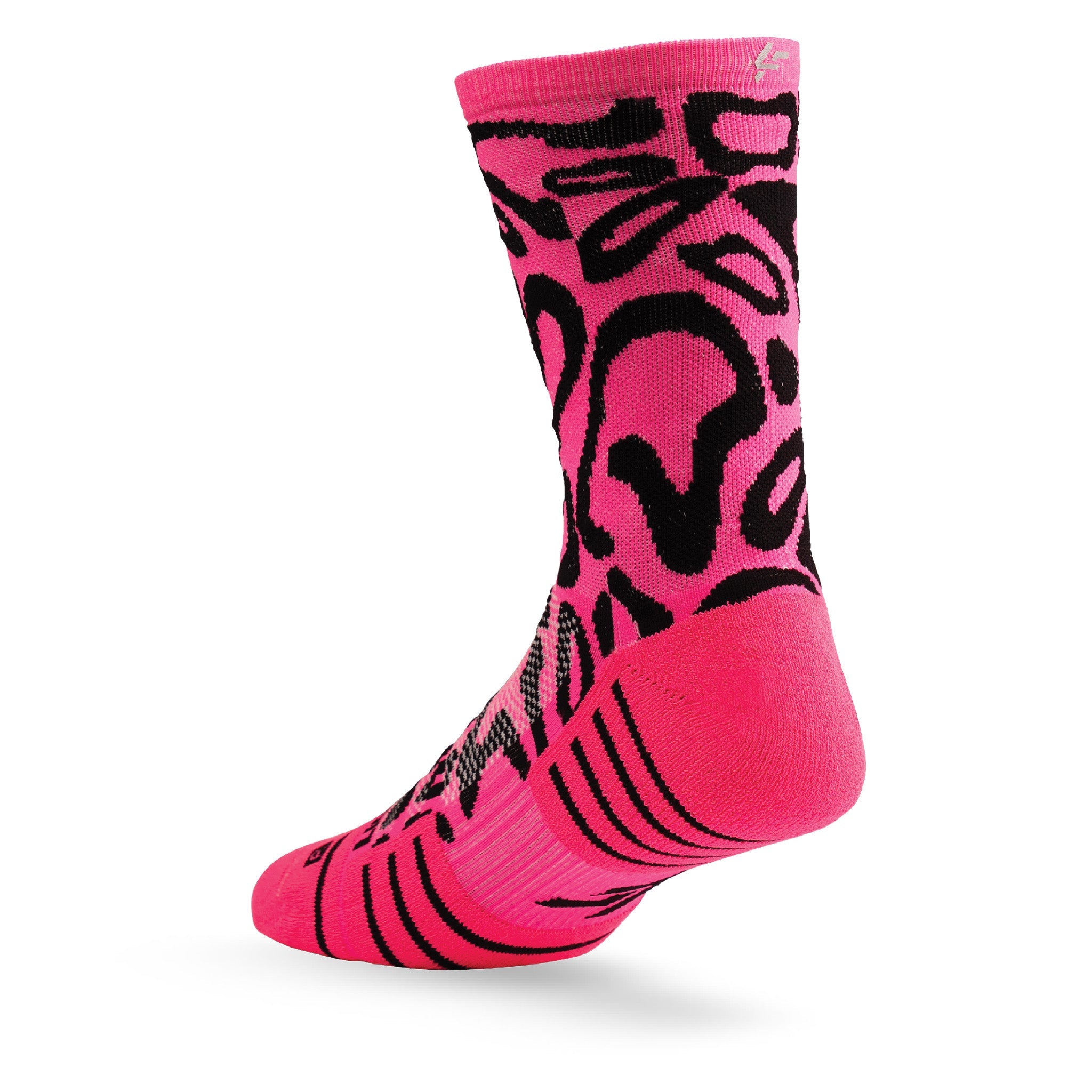 Heel view of Lightfeet Performance Scribbles Pink Black Crew Socks