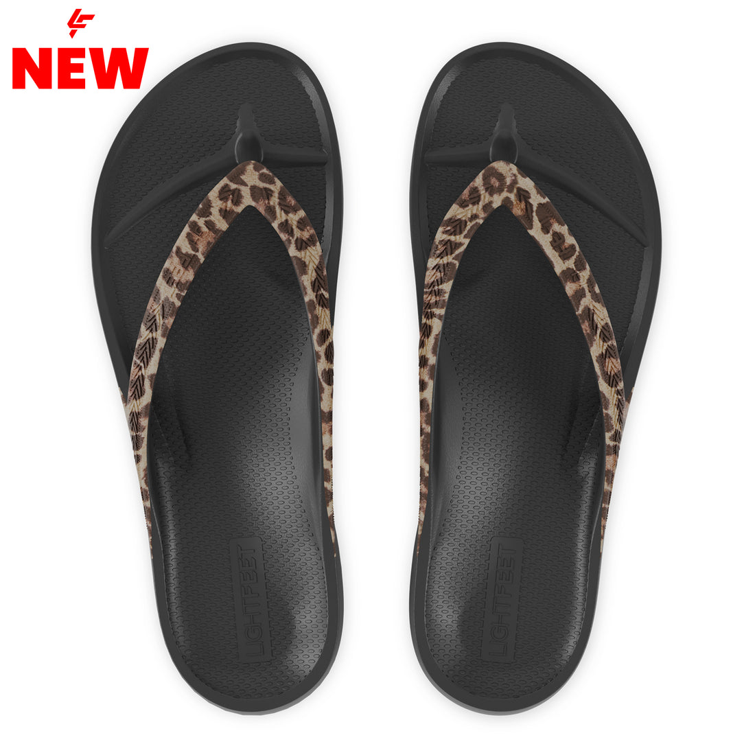 Top view of black leopard print Lightfeet Arch Support Flip Flops