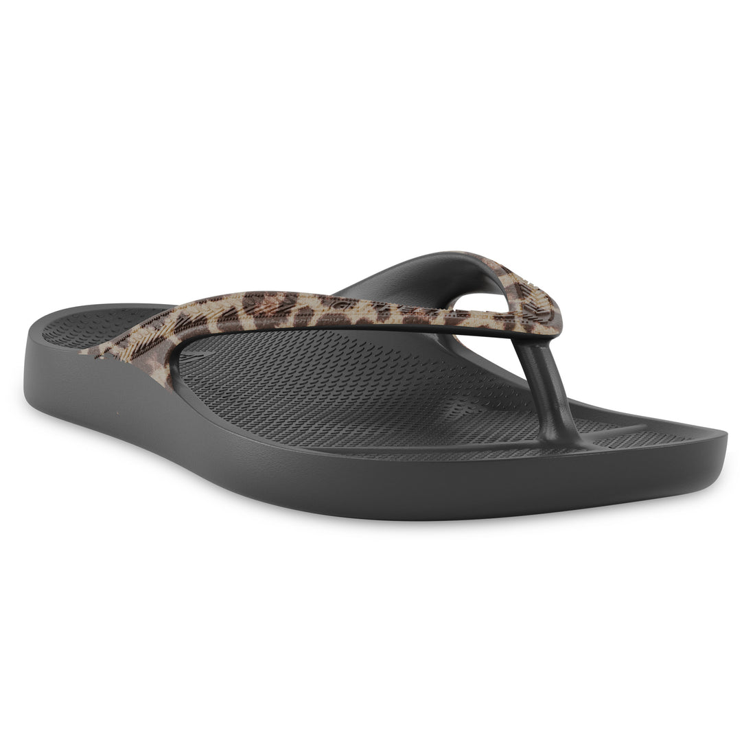 Angle view of black leopard print Lightfeet Arch Support Flip Flops