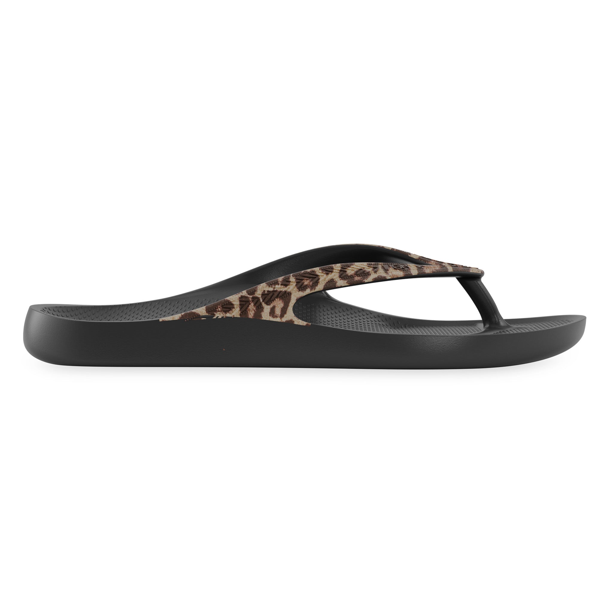 Side view of black leopard print Lightfeet Arch Support Flip Flops