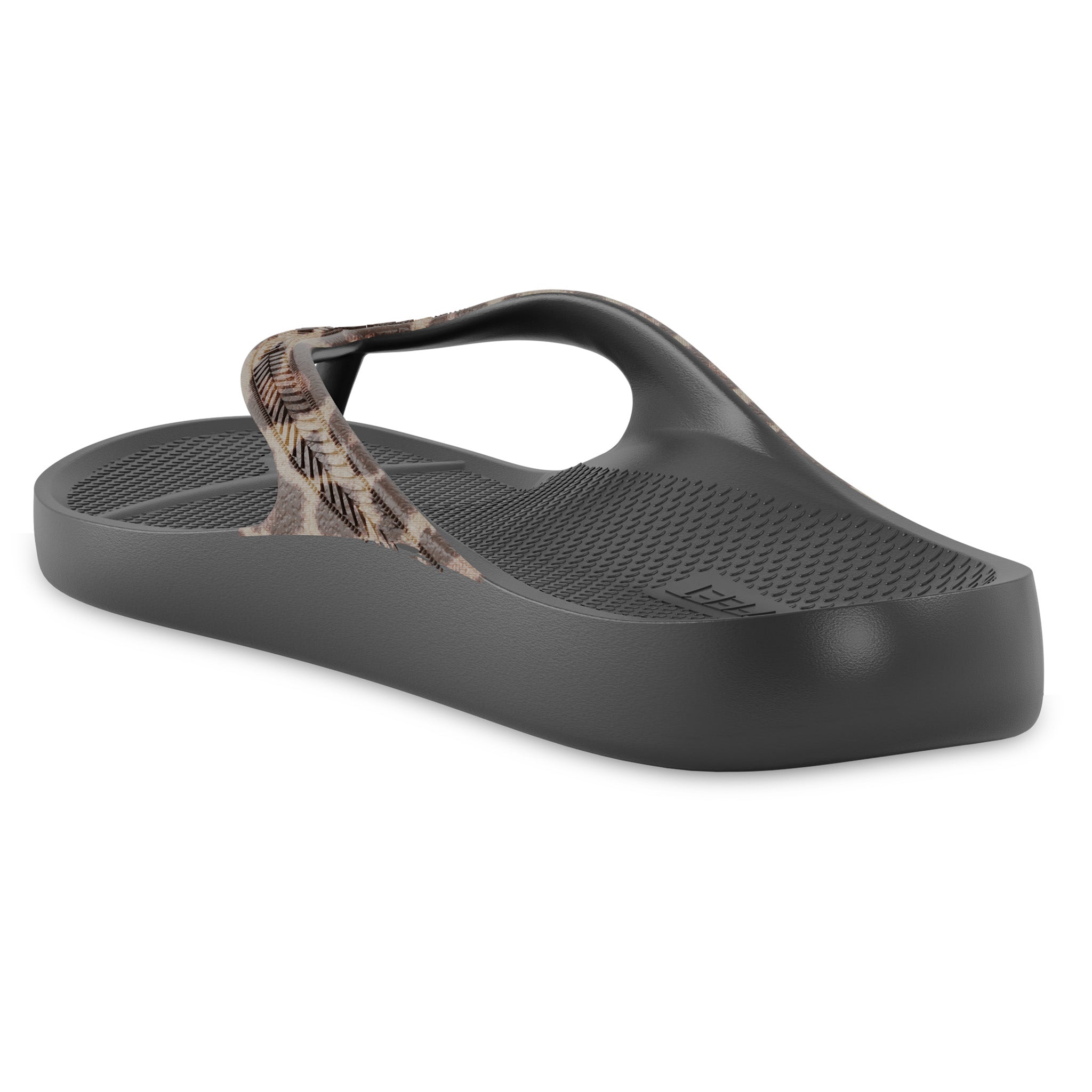 Back angle view of black leopard print Lightfeet Arch Support Flip Flops