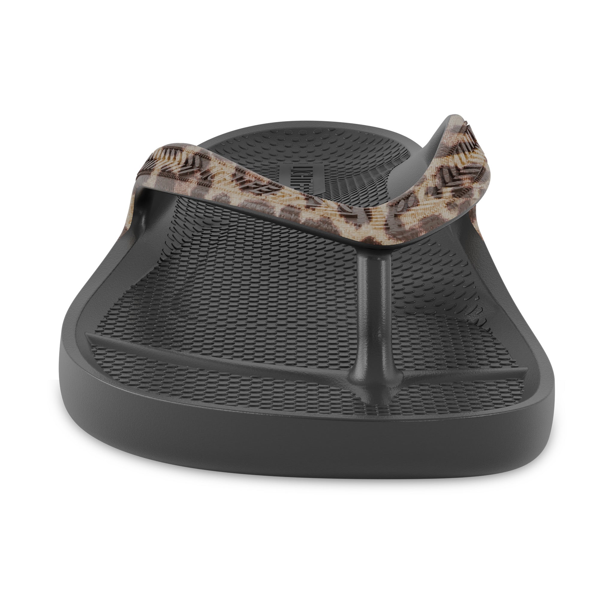 Front view of black leopard print Lightfeet Arch Support Flip Flops
