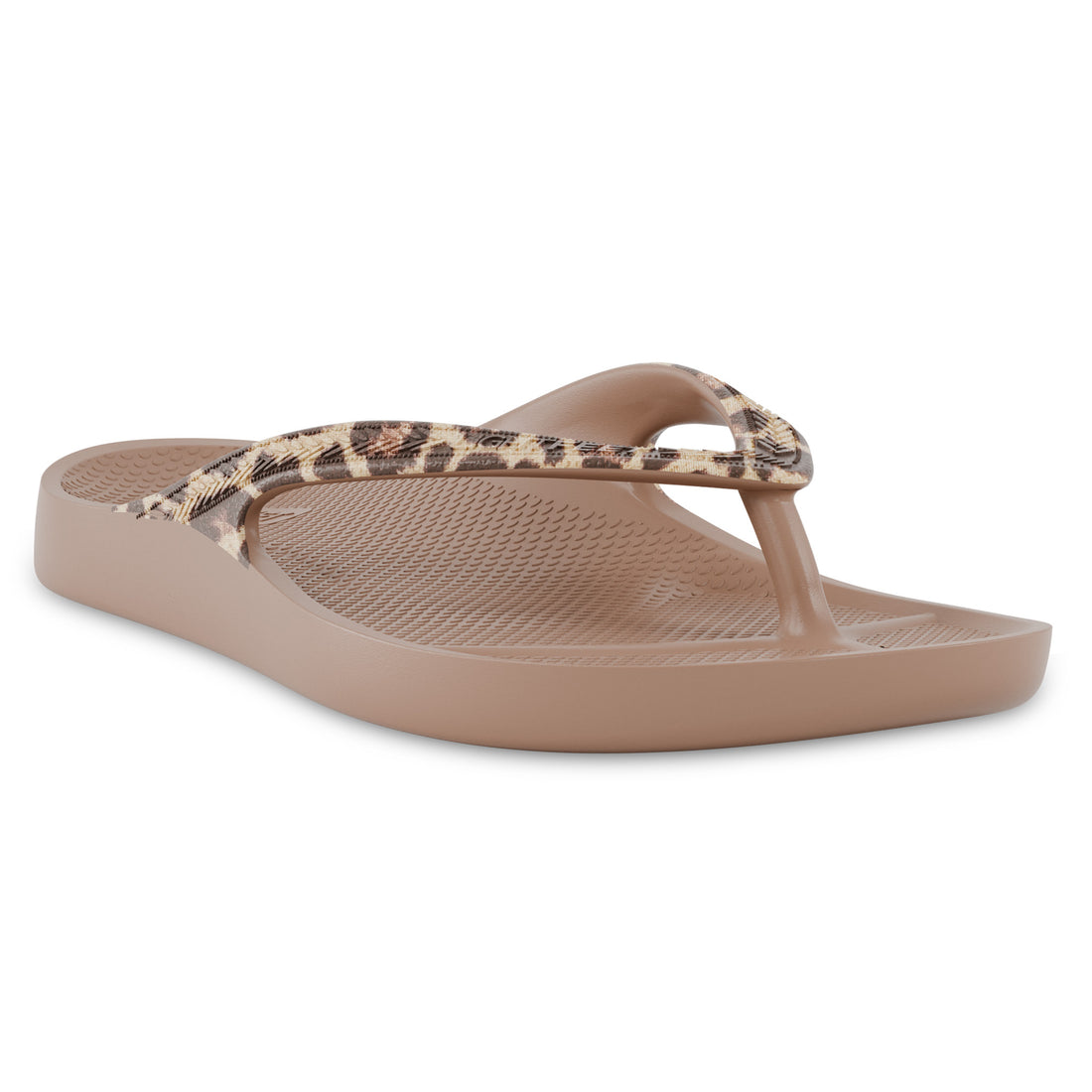 Angle view of latte leopard print Lightfeet Arch Support Flip Flops