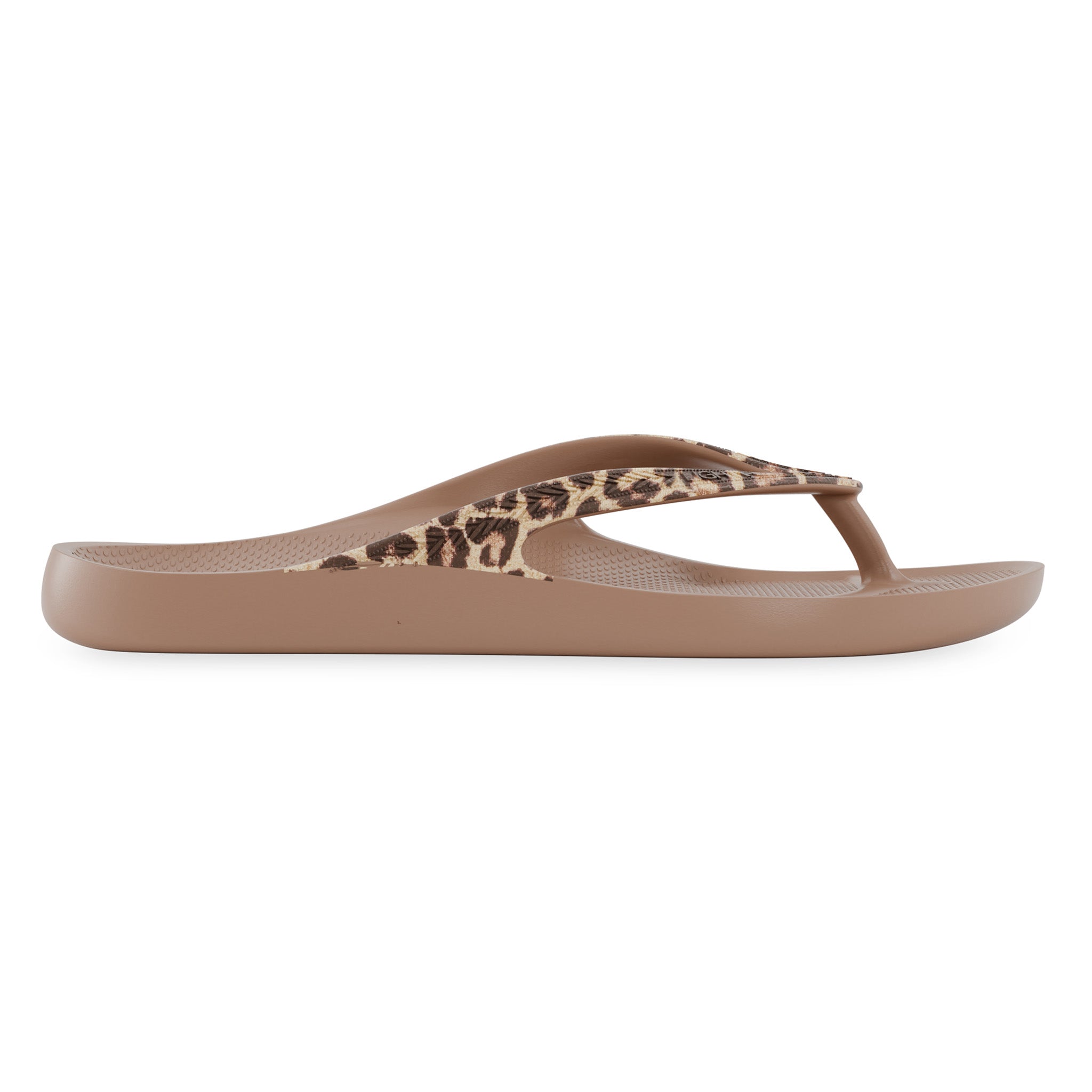 Side view of latte leopard print Lightfeet Arch Support Flip Flops