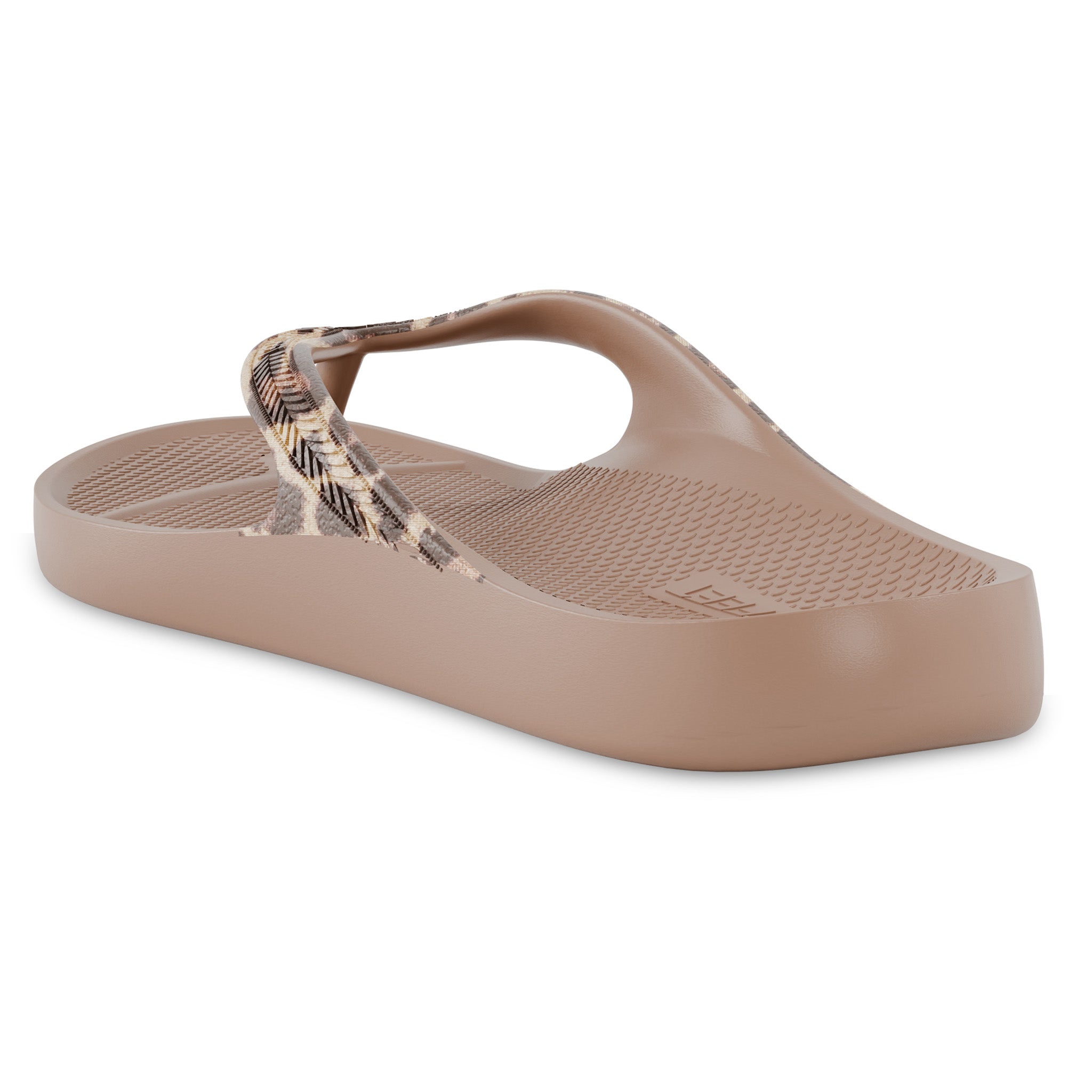Back angle view of latte leopard print Lightfeet Arch Support Flip Flops