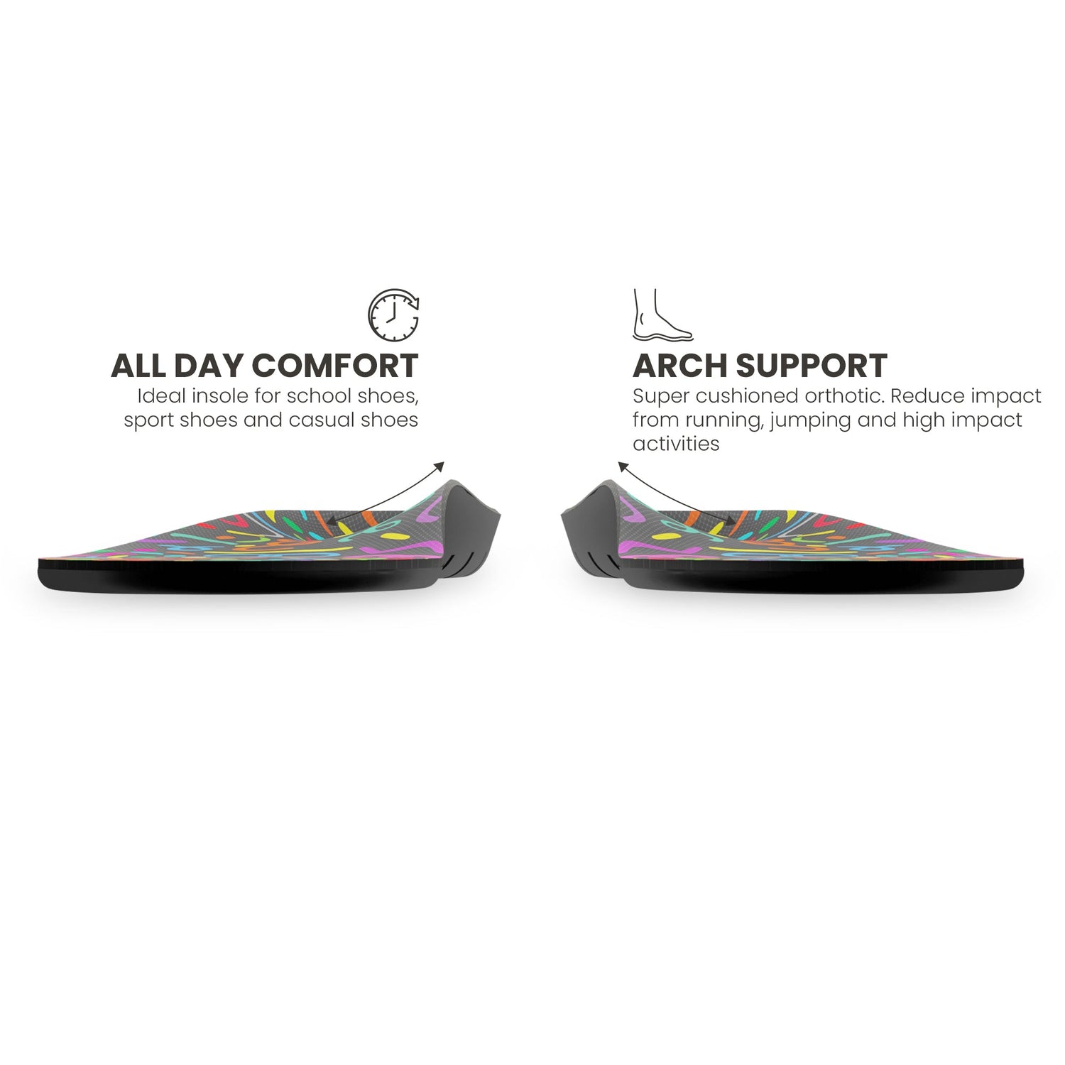 Front view showing the arch contour of a pair of Lightfeet Active Kids Orthotic Insoles