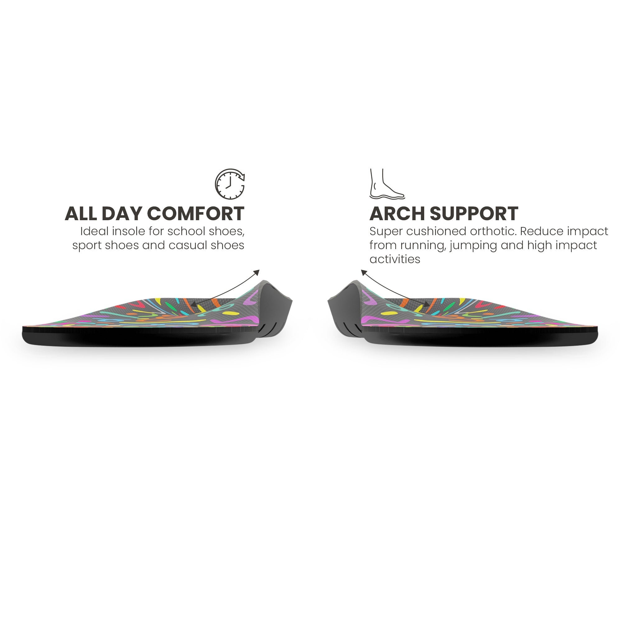 Front view showing the arch contour of a pair of Lightfeet Active Kids Orthotic Insoles