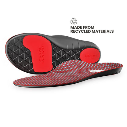 Pair of Lightfeet Active Support Orthotic Insoles showing the bottom of one insole and the side profile of the other insole