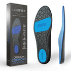 Image of Lightfeet Cushion Comfort Orthotic Insoles showing the packaging and the bottom and side profile of the insole 