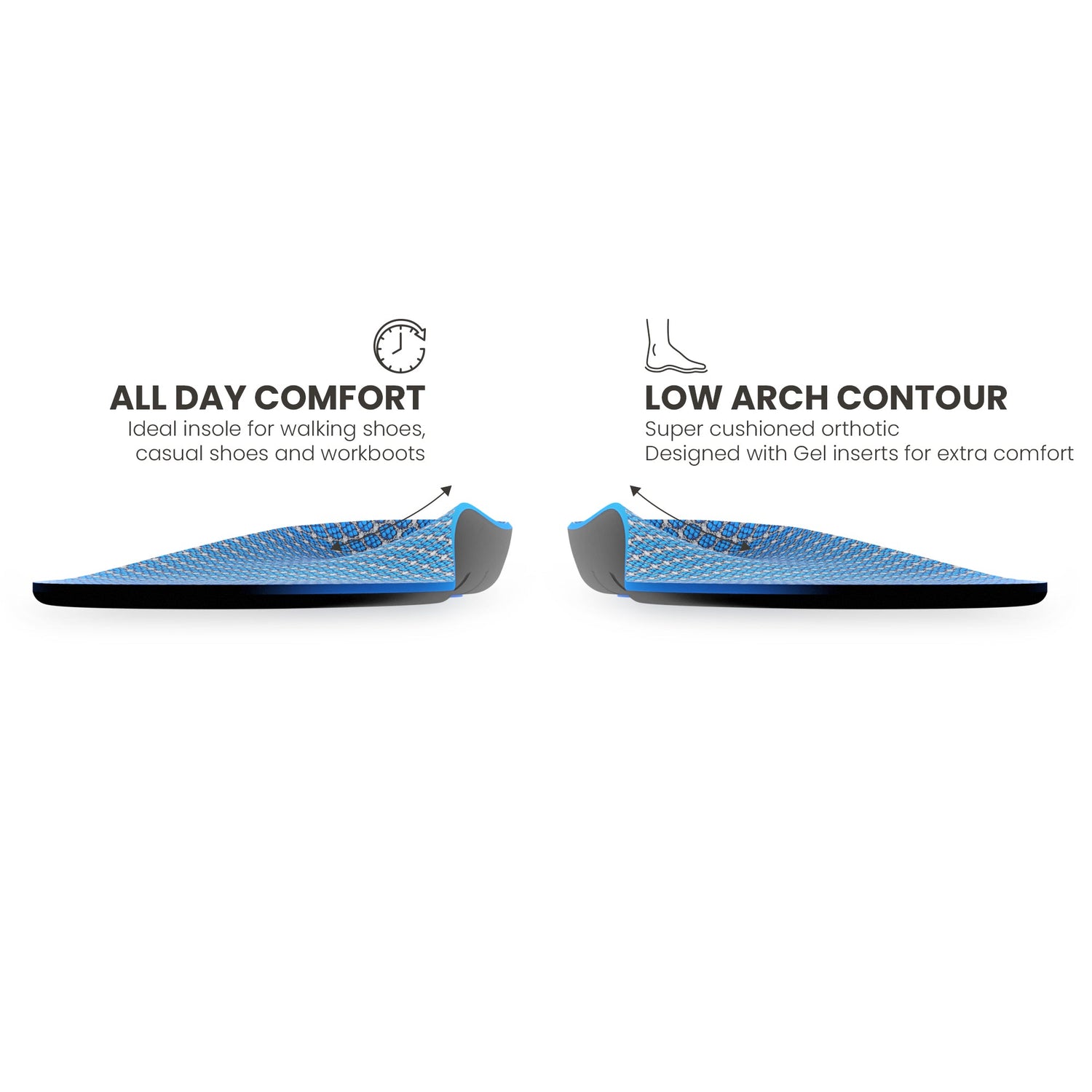 Front view showing the arch contour of a pair of Lightfeet Cushion Comfort Orthotic Insoles