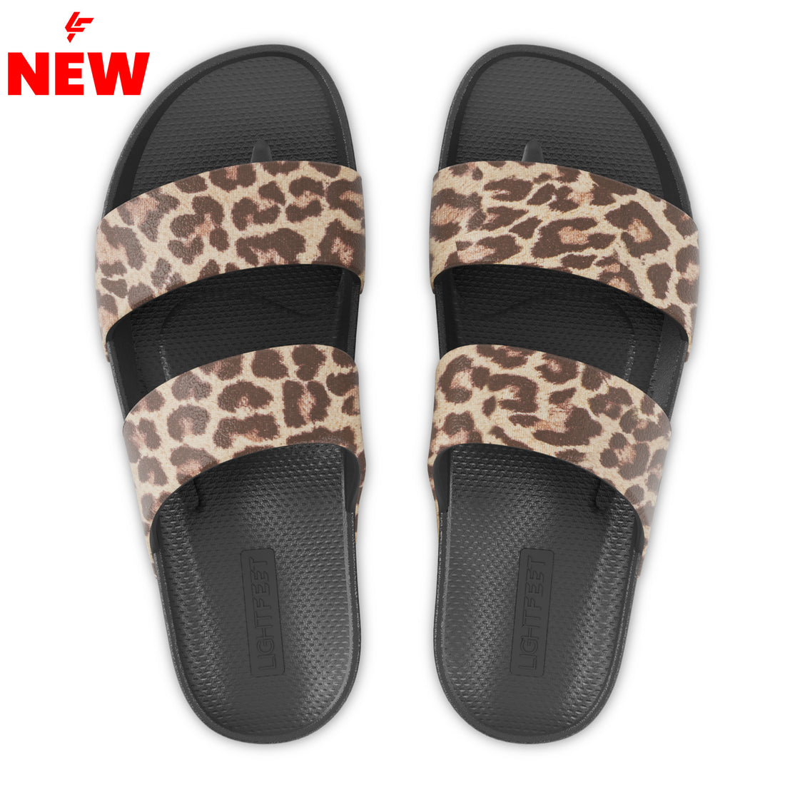 Top view of black leopard print Lightfeet Double Strap slides