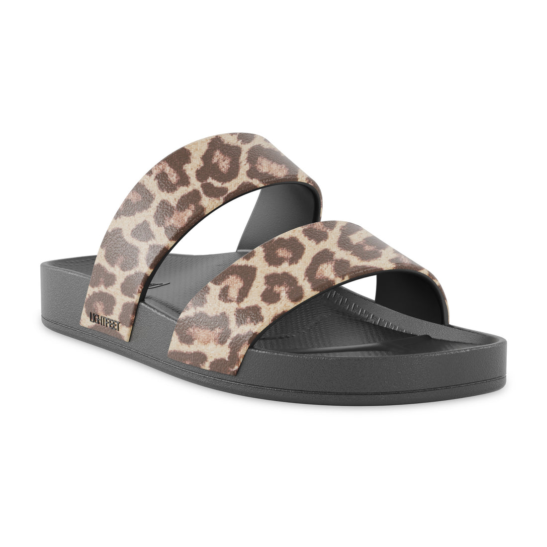Angle view of black leopard print Lightfeet Double Strap slides