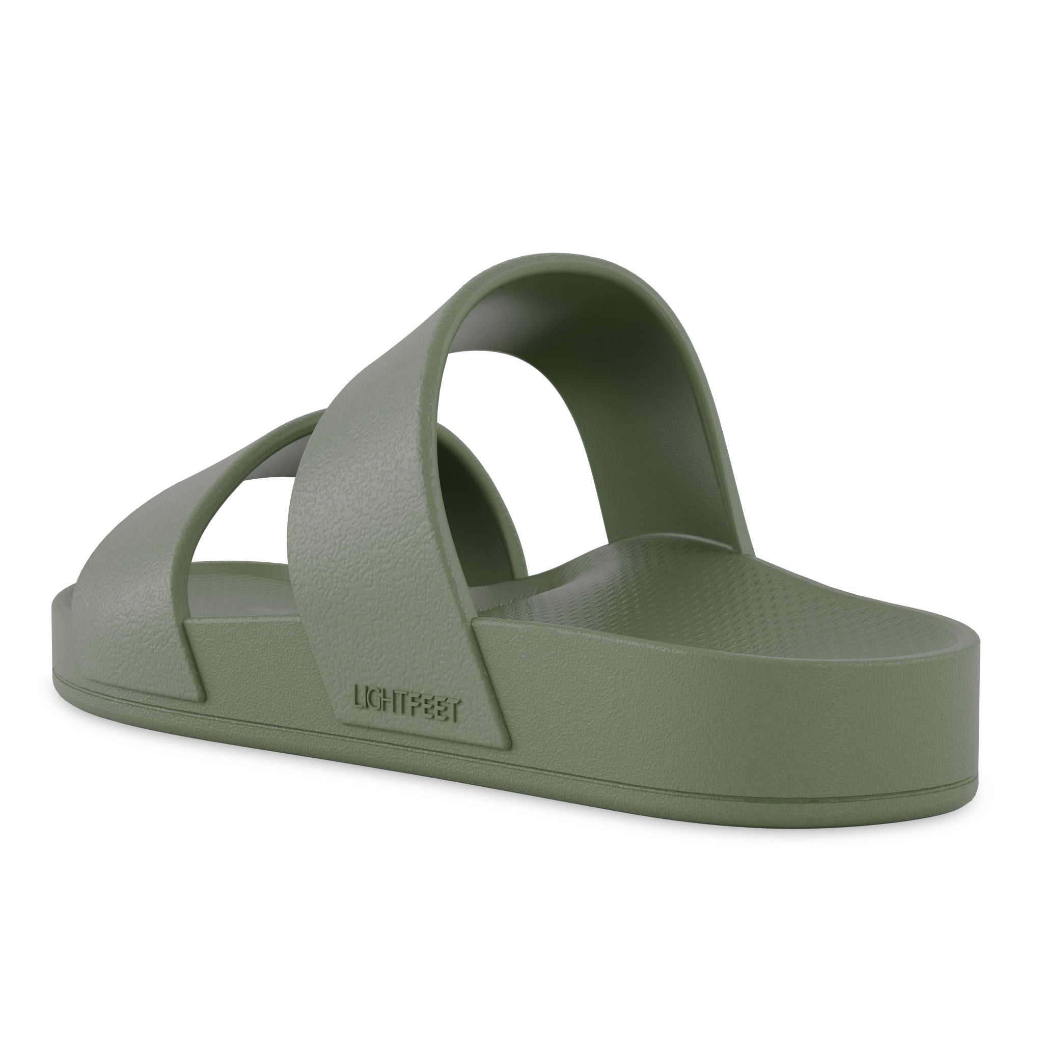 Back angle view showing the arch contour of the khaki Lightfeet Double Strap Slide