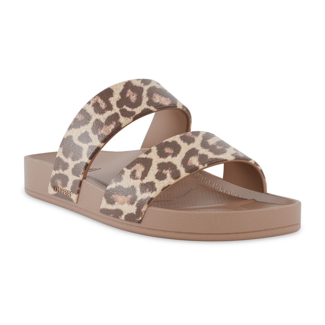 Angle view of latte leopard print Lightfeet Double Strap slides