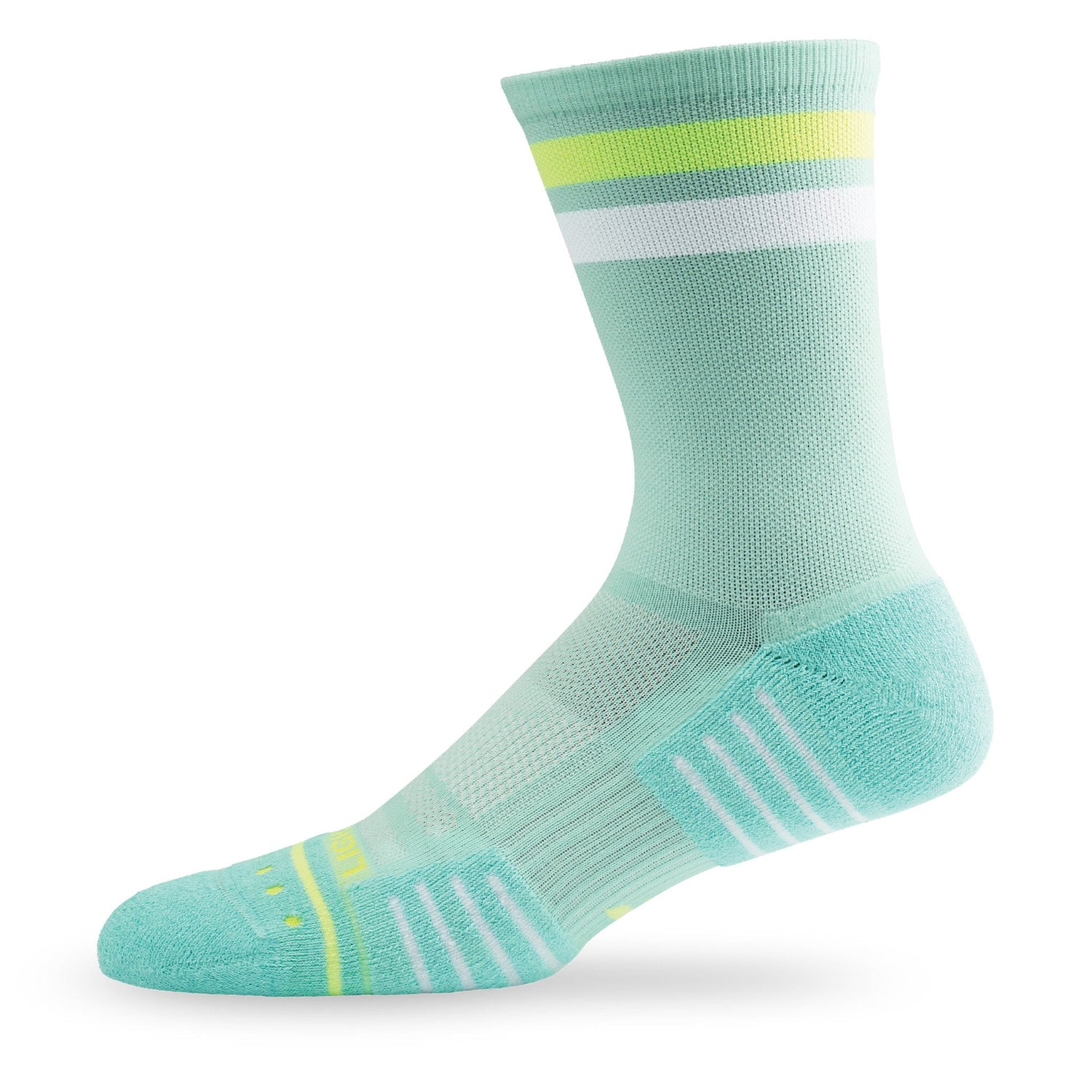 Side view of Lightfeet Performance 2 Stripes Glacier Yellow White Crew Socks 