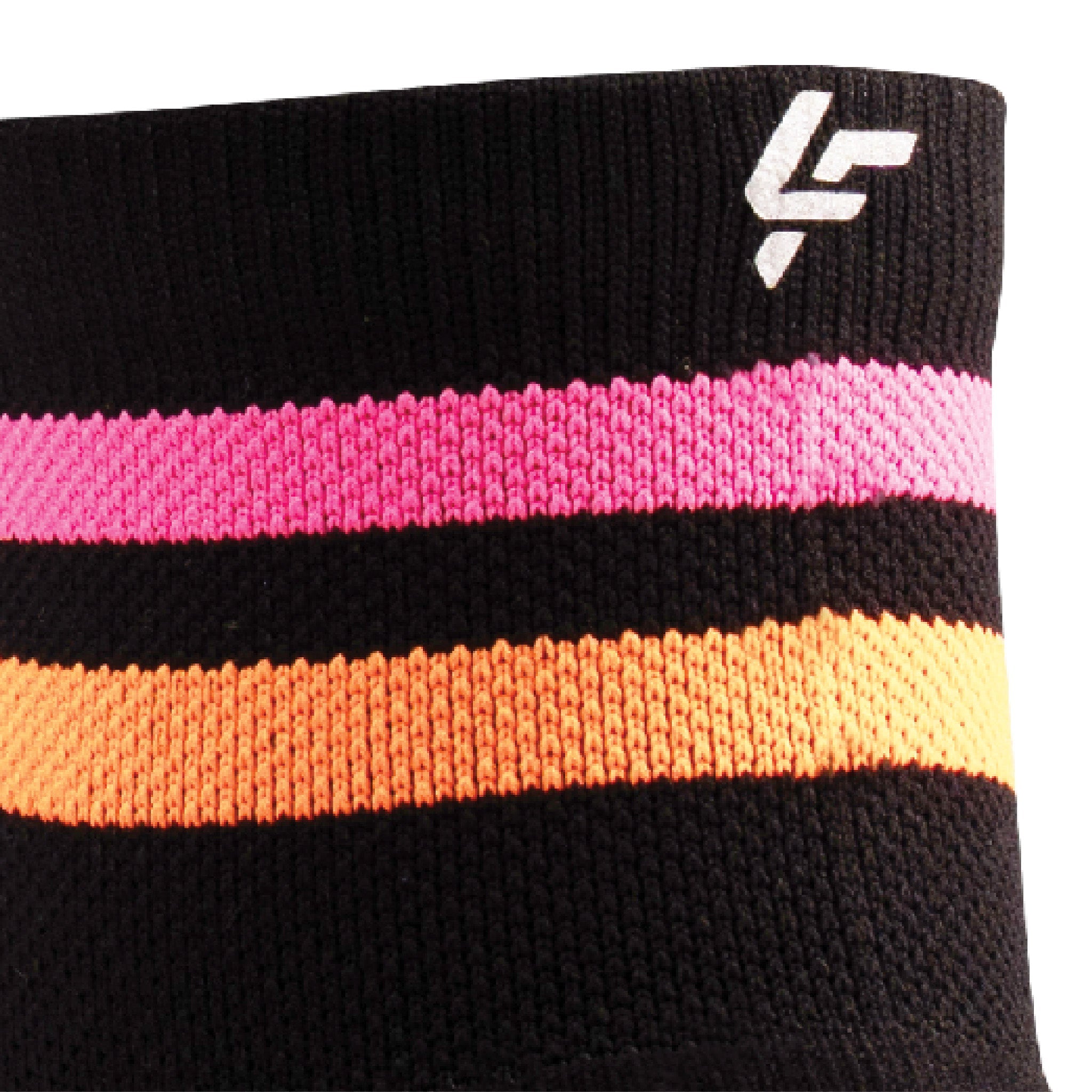 Close up view of reflective print symbol on Lightfeet Performance 2 Stripes Black Pink Orange Quarter Socks 
