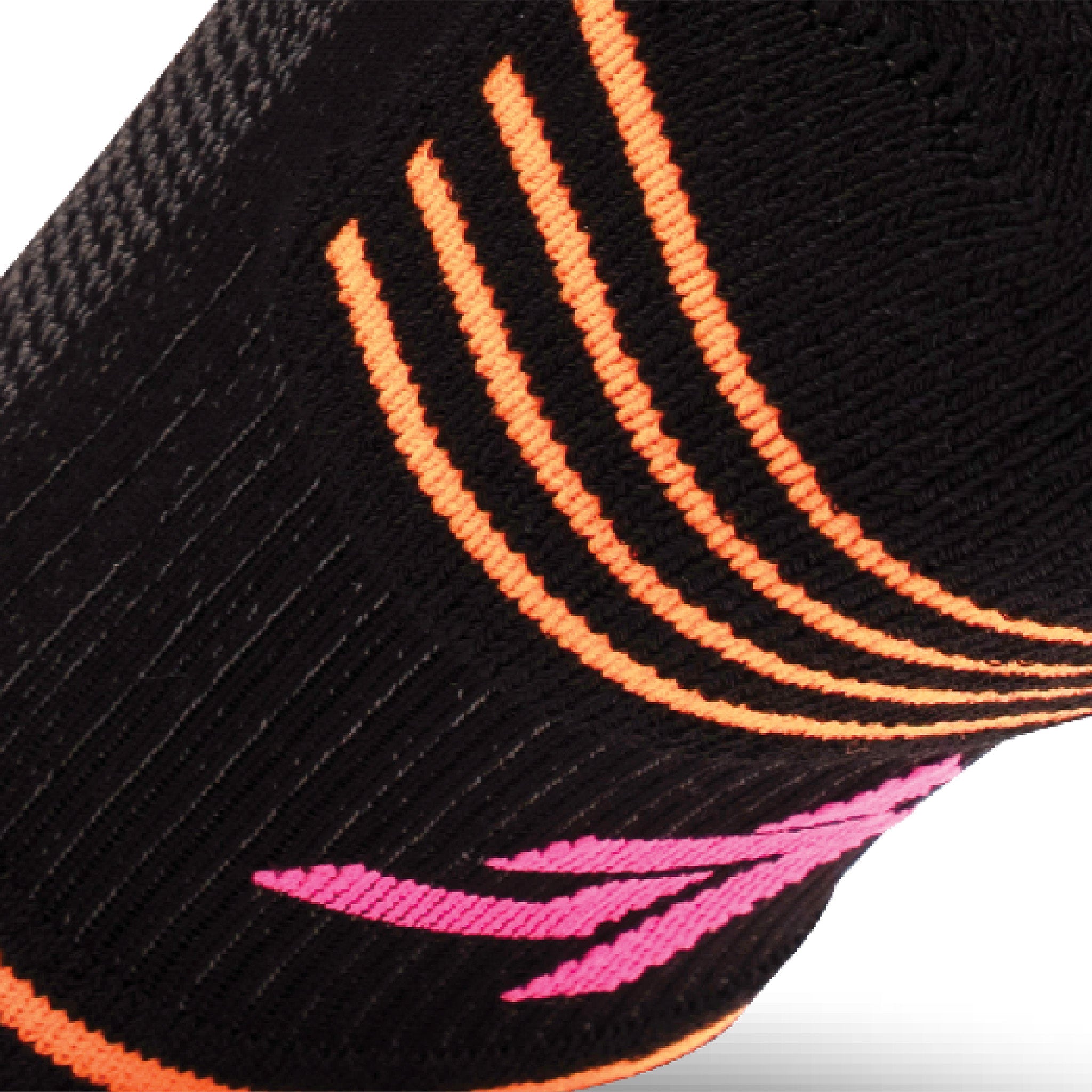 Close up view of elastic arch of Lightfeet Performance 2 Stripes Black Pink Orange Quarter Socks 