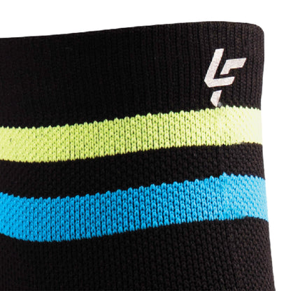Close up view of reflective print symbol on Lightfeet Performance 2 Stripes Black Yellow Aqua Quarter Socks 