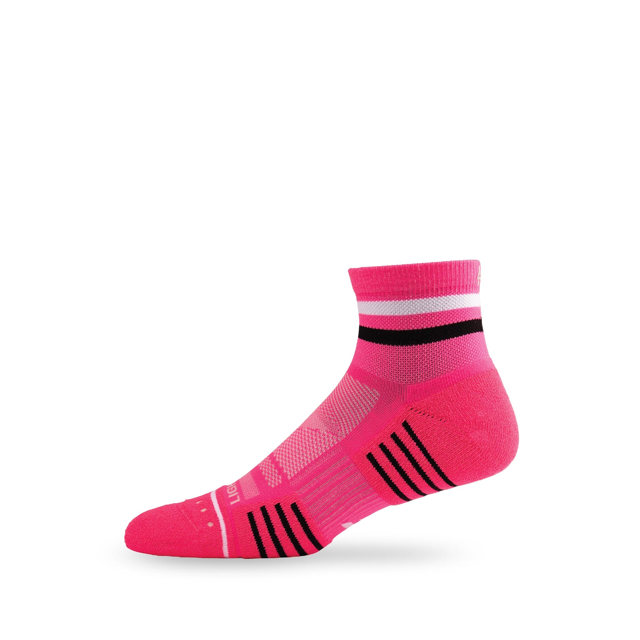 Side view of Lightfeet Performance 2 Stripes Pink White BlackQuarter Socks 