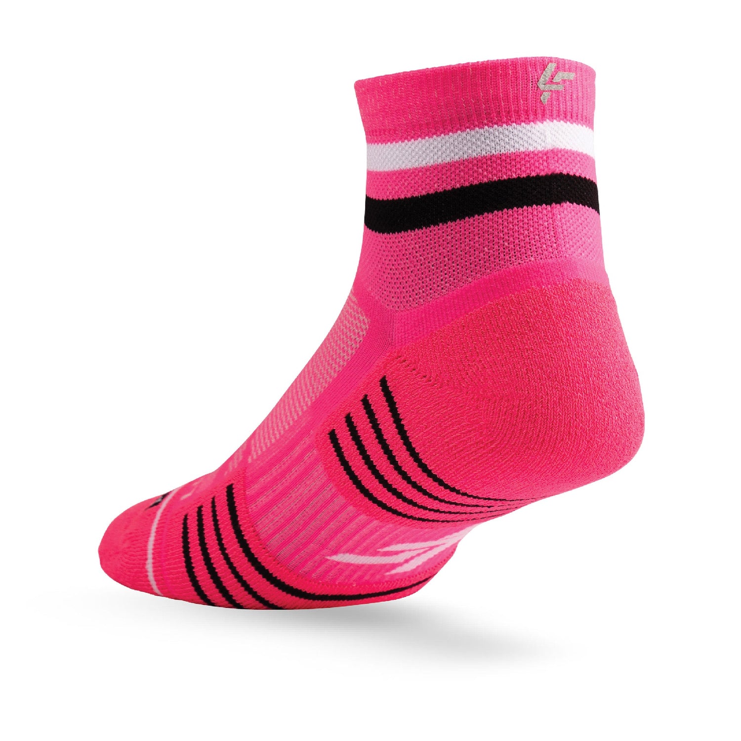 Heel view of Lightfeet Performance 2 Stripes Pink White BlackQuarter Socks 