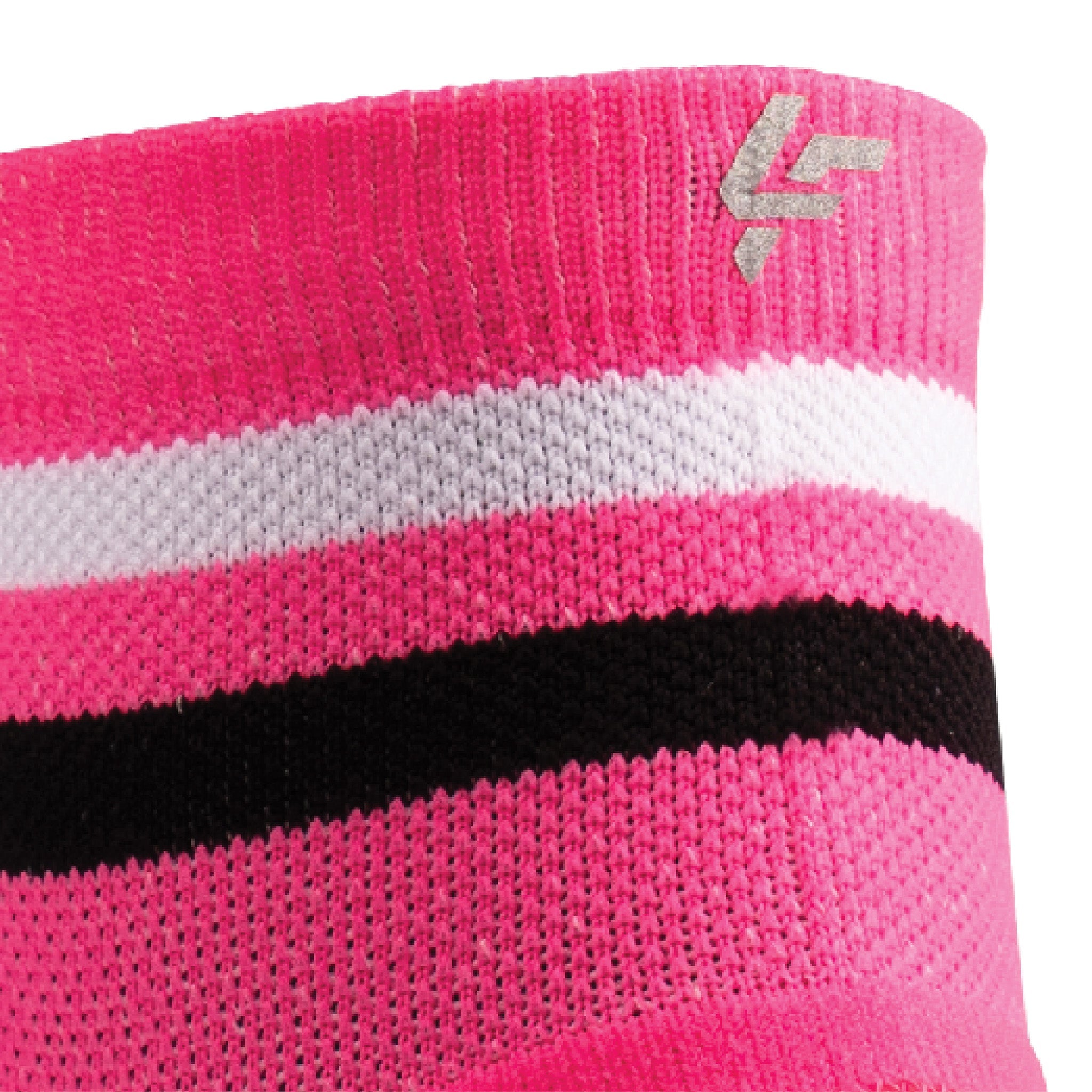 Close up view of reflective print symbol on Lightfeet Performance 2 Stripes Pink White BlackQuarter Socks 