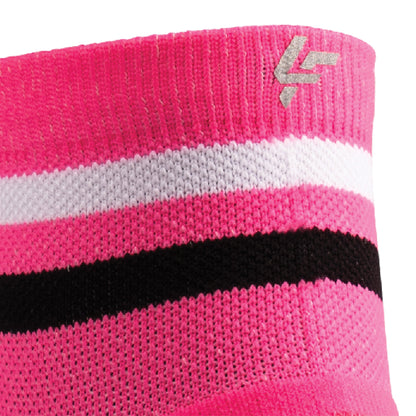 Close up view of reflective print symbol on Lightfeet Performance 2 Stripes Pink White BlackQuarter Socks 